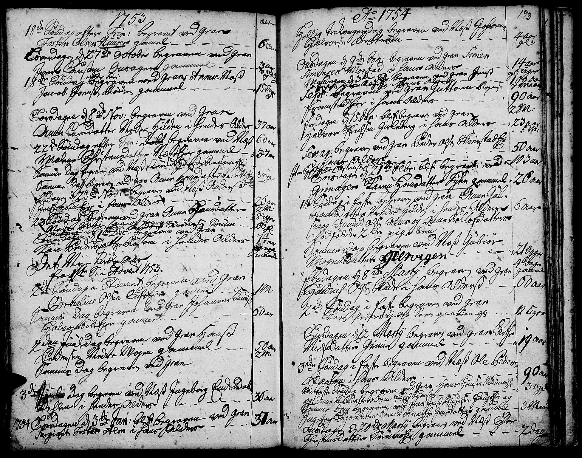 Gran prestekontor, AV/SAH-PREST-112/H/Ha/Haa/L0003: Parish register (official) no. 3, 1745-1758, p. 193