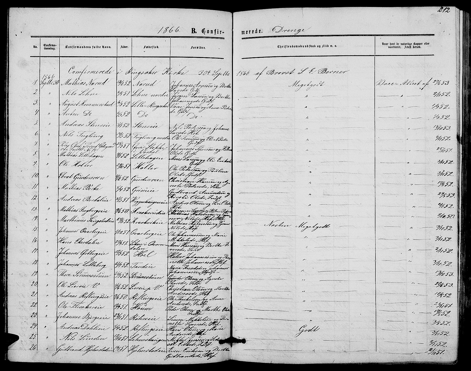 Ringsaker prestekontor, AV/SAH-PREST-014/L/La/L0007: Parish register (copy) no. 7, 1861-1869, p. 212