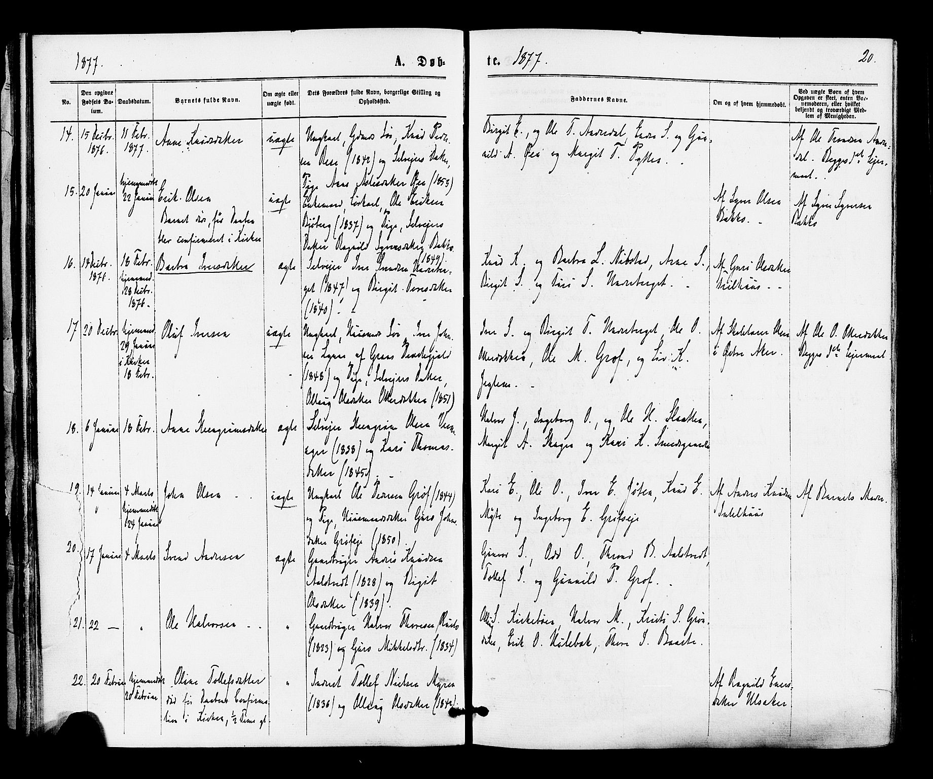 Gol kirkebøker, SAKO/A-226/F/Fa/L0004: Parish register (official) no. I 4, 1876-1886, p. 20