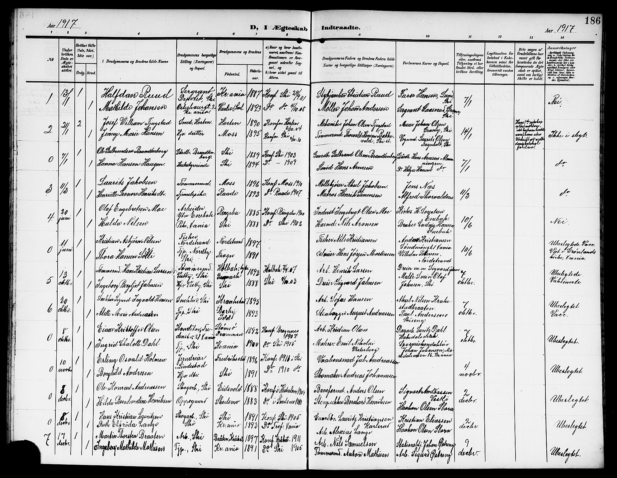 Kråkstad prestekontor Kirkebøker, AV/SAO-A-10125a/G/Gb/L0001: Parish register (copy) no. II 1, 1905-1920, p. 186