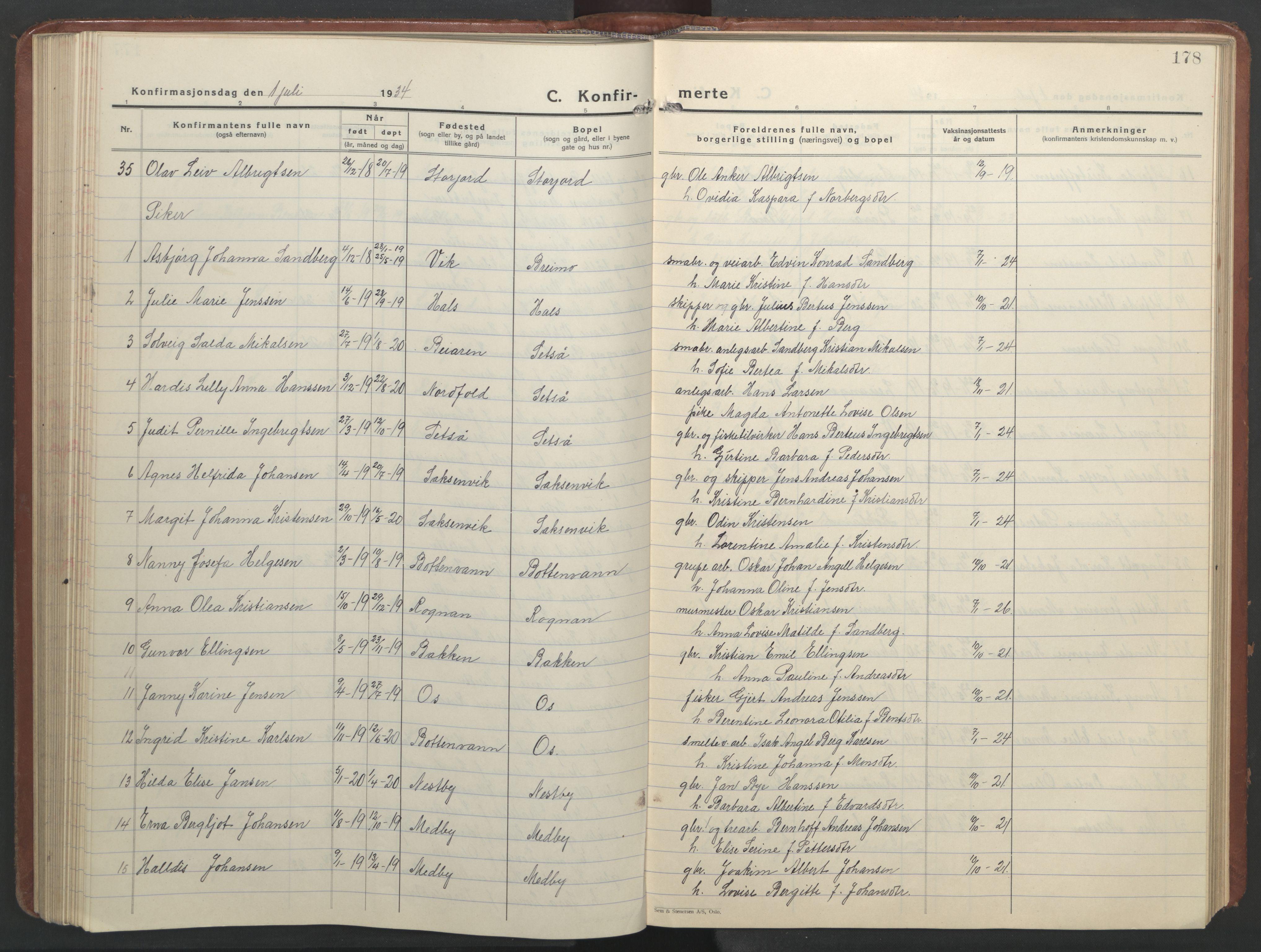 Ministerialprotokoller, klokkerbøker og fødselsregistre - Nordland, AV/SAT-A-1459/847/L0680: Parish register (copy) no. 847C08, 1930-1947, p. 178