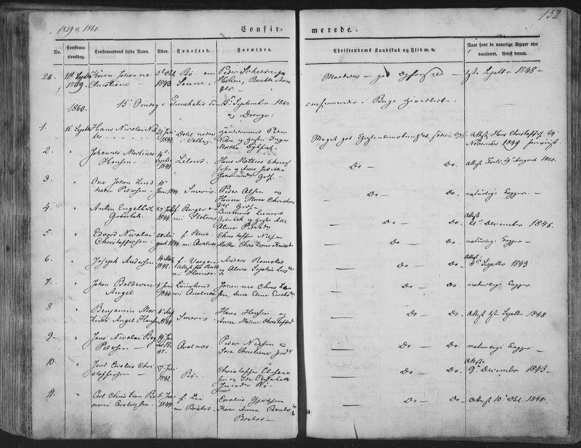 Ministerialprotokoller, klokkerbøker og fødselsregistre - Nordland, AV/SAT-A-1459/880/L1131: Parish register (official) no. 880A05, 1844-1868, p. 152