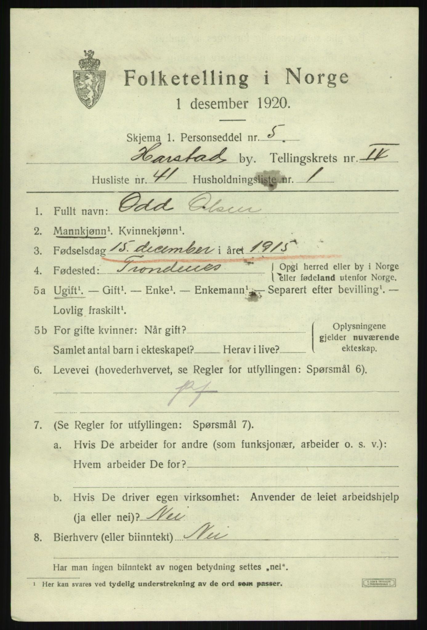 SATØ, 1920 census for Harstad, 1920, p. 6046