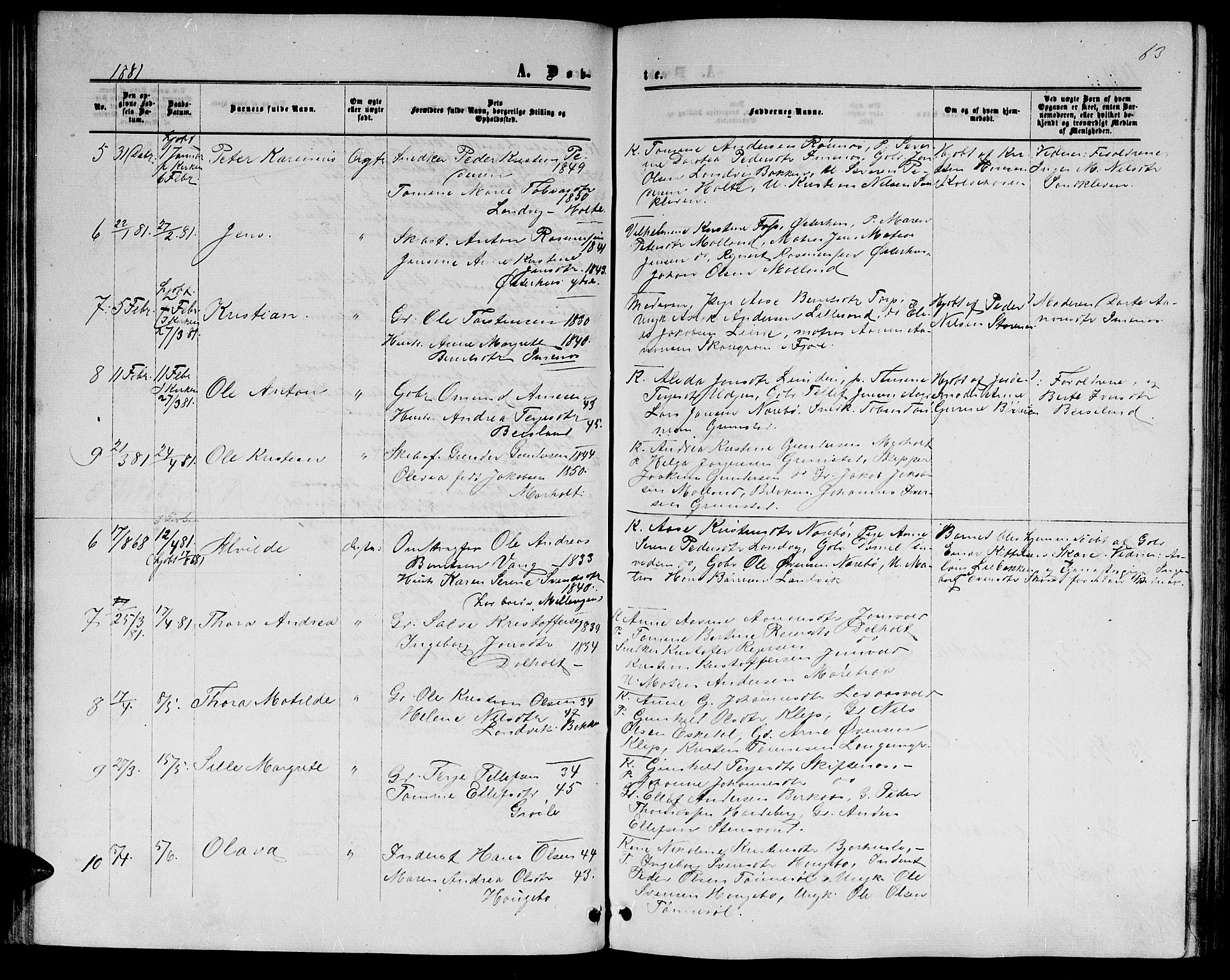 Hommedal sokneprestkontor, SAK/1111-0023/F/Fb/Fbb/L0006: Parish register (copy) no. B 6, 1869-1884, p. 63