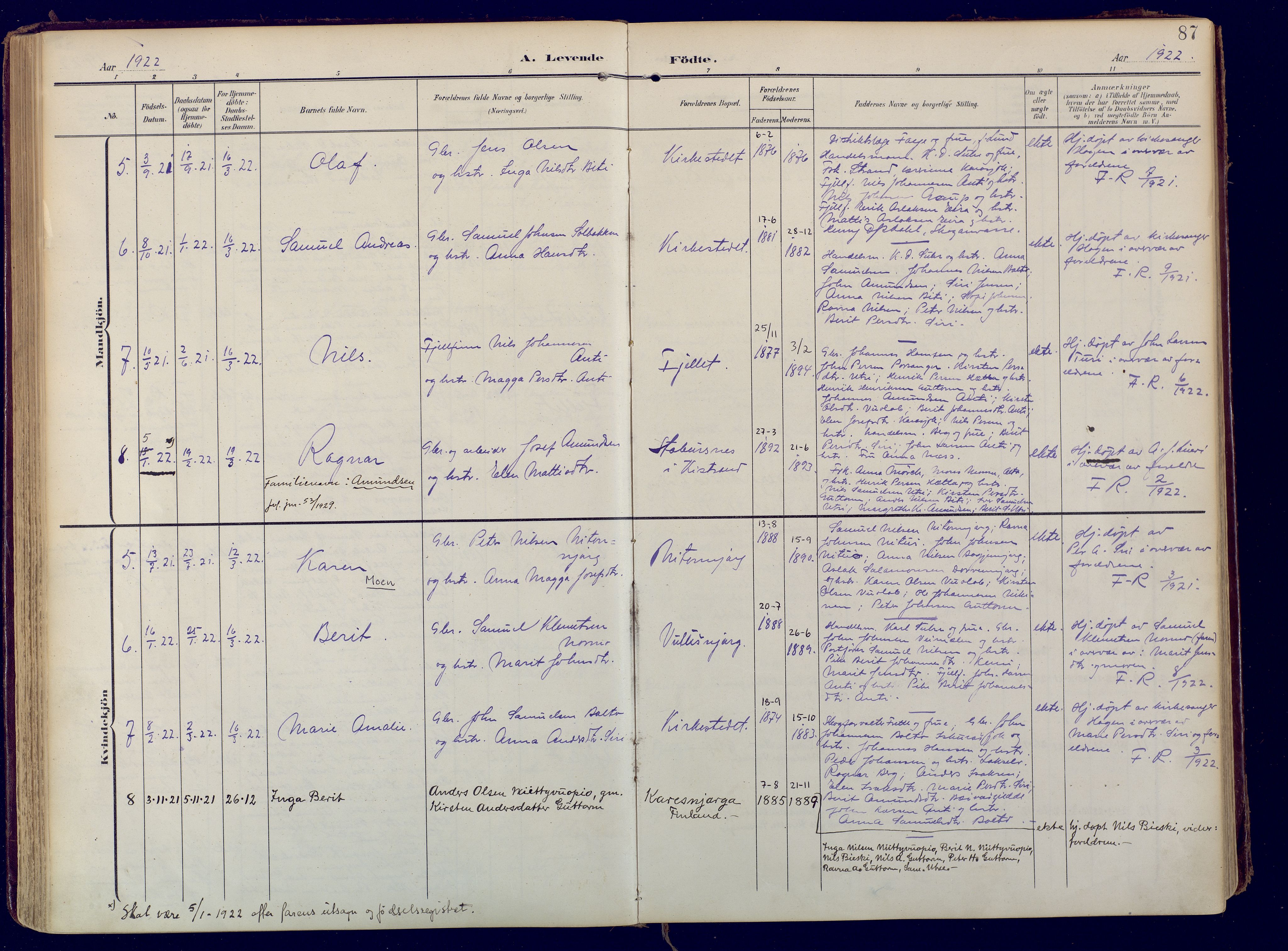 Karasjok sokneprestkontor, AV/SATØ-S-1352/H/Ha: Parish register (official) no. 3, 1907-1926, p. 87