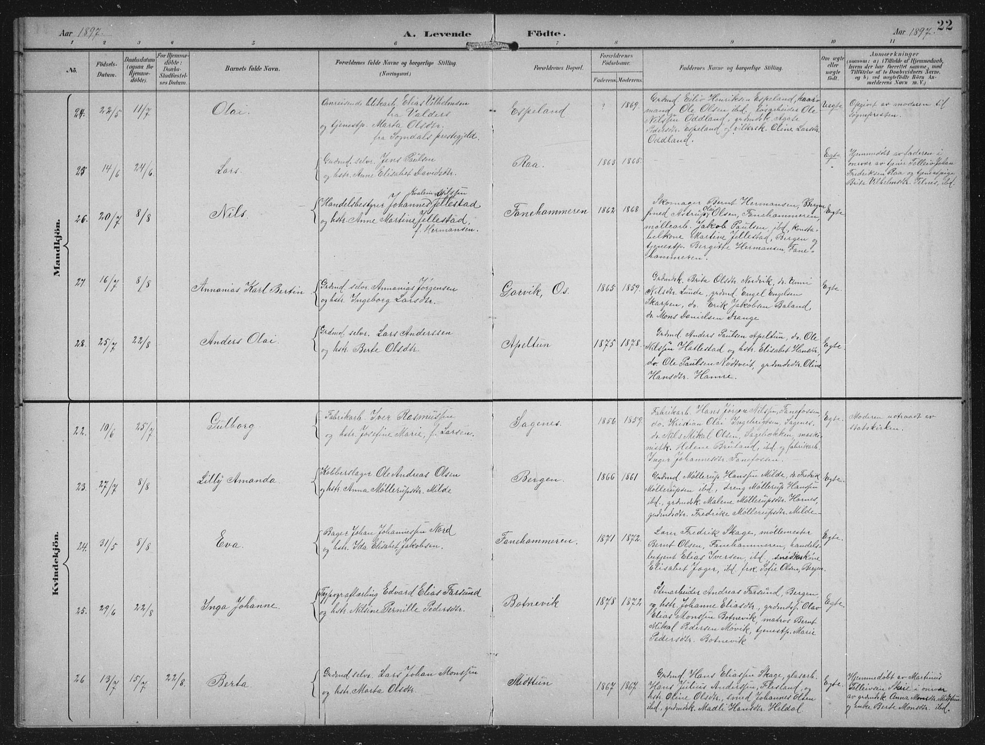 Fana Sokneprestembete, AV/SAB-A-75101/H/Hab/Haba/L0003: Parish register (copy) no. A 3, 1895-1902, p. 22