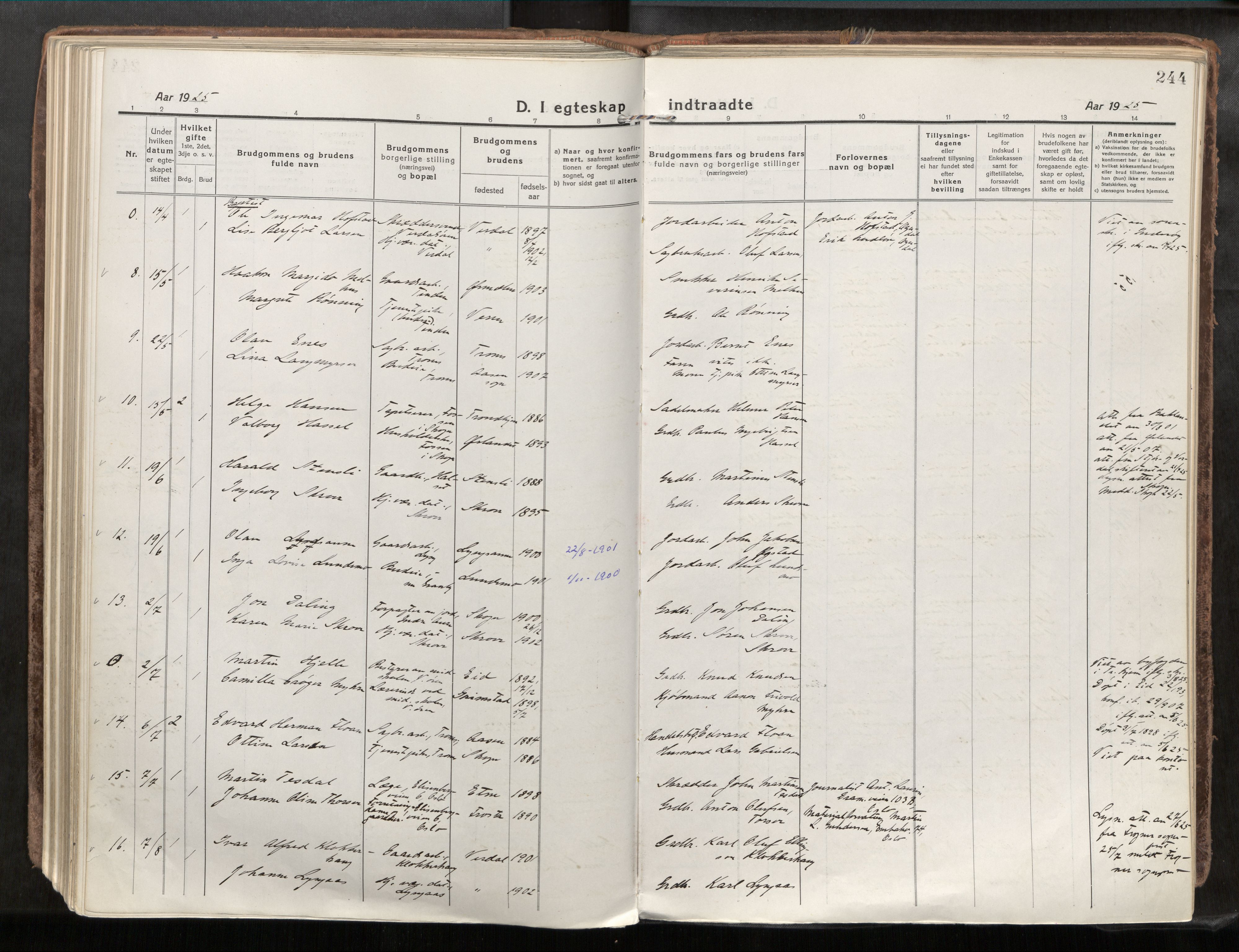 Verdal sokneprestkontor, SAT/A-1156/2/H/Haa/L0001: Parish register (official) no. 1, 1917-1932, p. 244