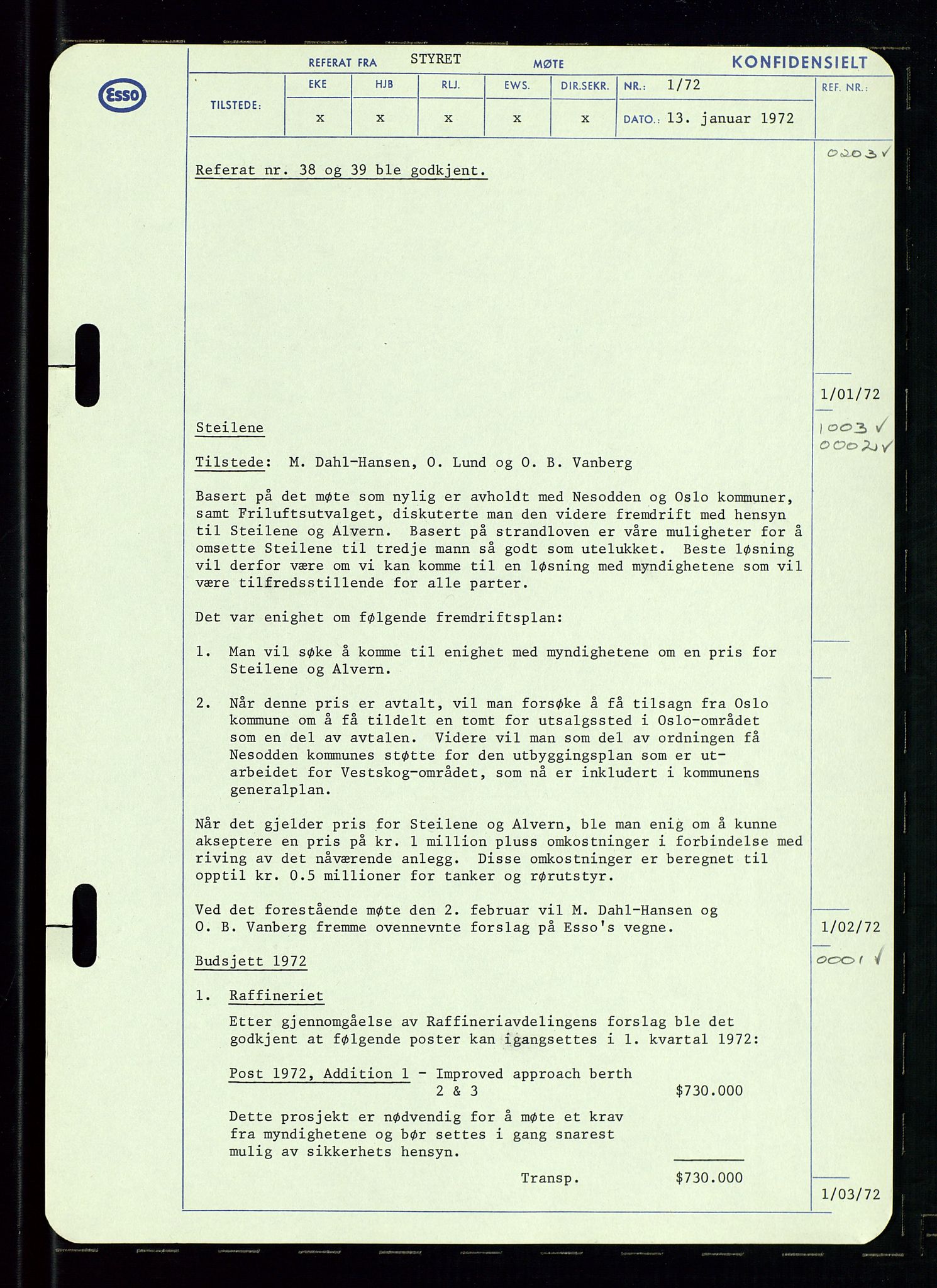 Pa 0982 - Esso Norge A/S, AV/SAST-A-100448/A/Aa/L0003/0002: Den administrerende direksjon Board minutes (styrereferater) og Bedriftforsamlingsprotokoll / Den administrerende direksjon Board minutes (styrereferater), 1970-1974, p. 122