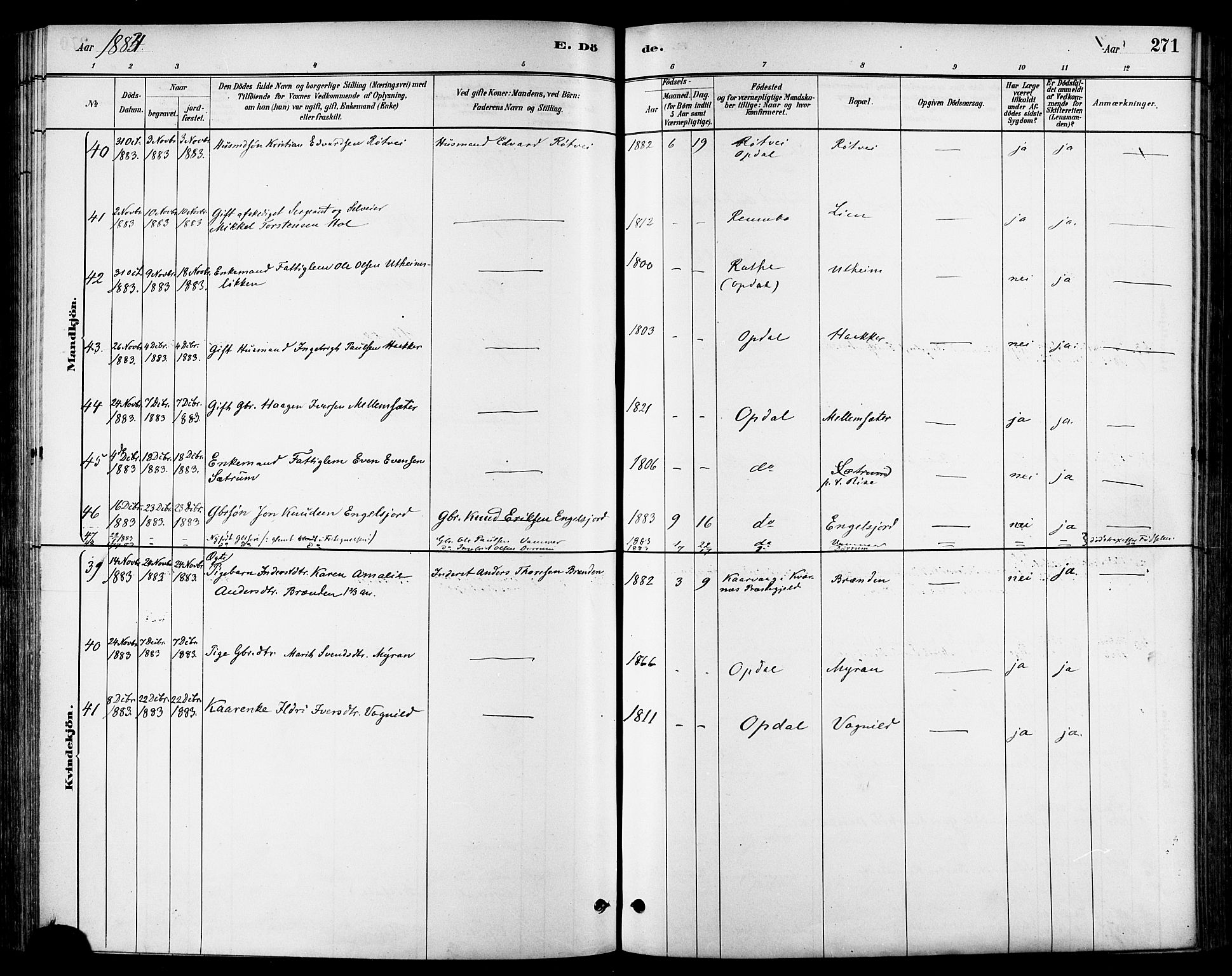 Ministerialprotokoller, klokkerbøker og fødselsregistre - Sør-Trøndelag, AV/SAT-A-1456/678/L0901: Parish register (official) no. 678A10, 1881-1894, p. 271