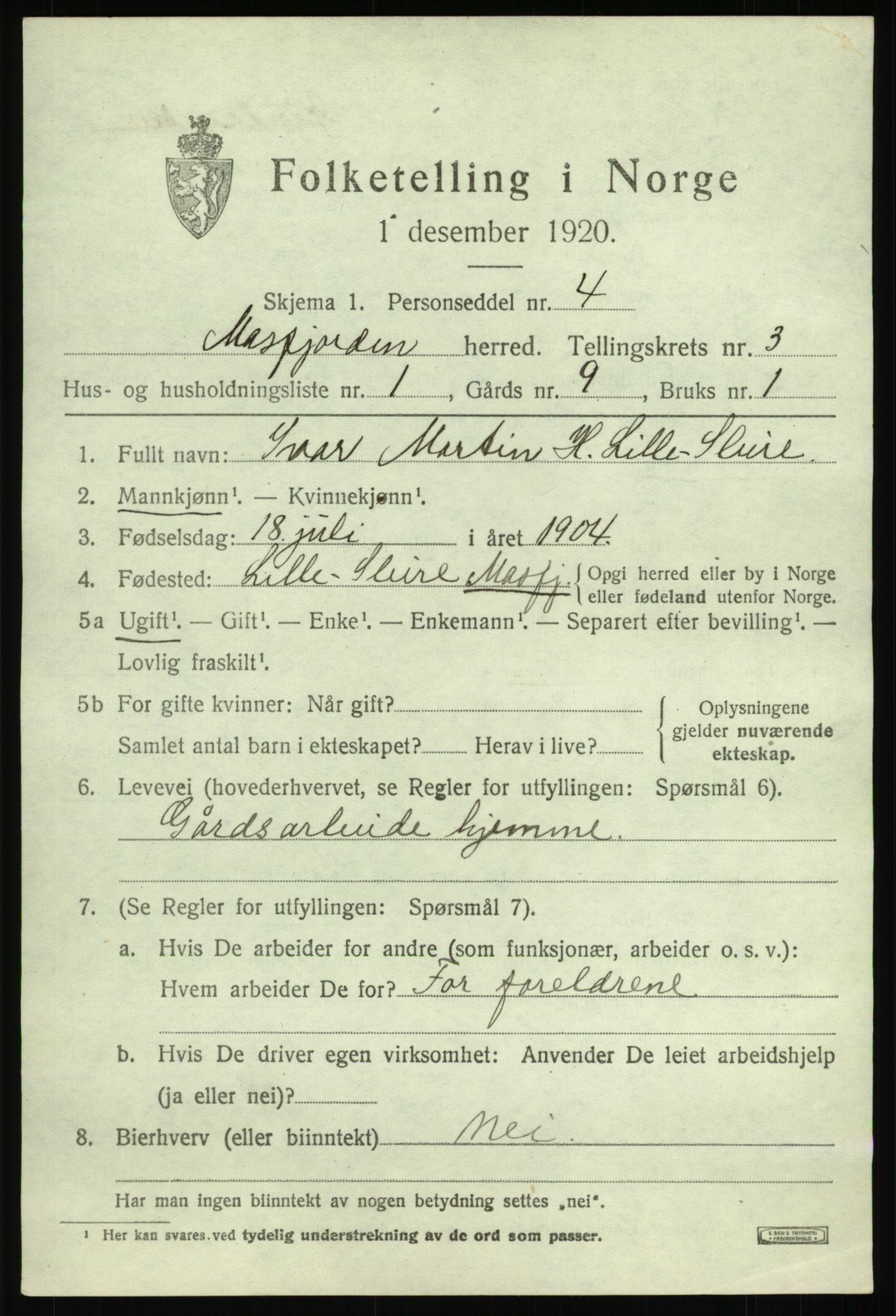 SAB, 1920 census for Masfjorden, 1920, p. 1391