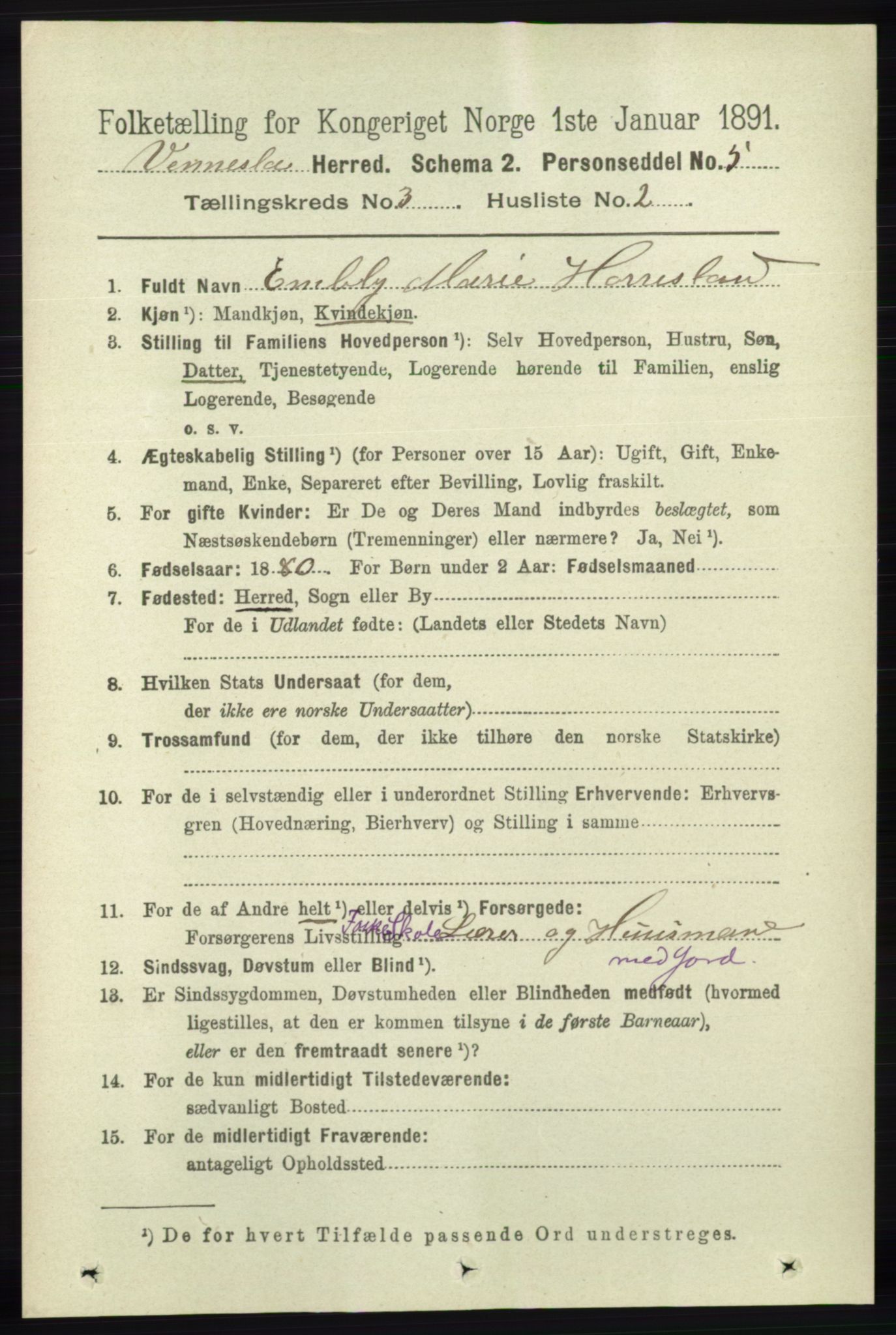 RA, 1891 census for 1014 Vennesla, 1891, p. 648