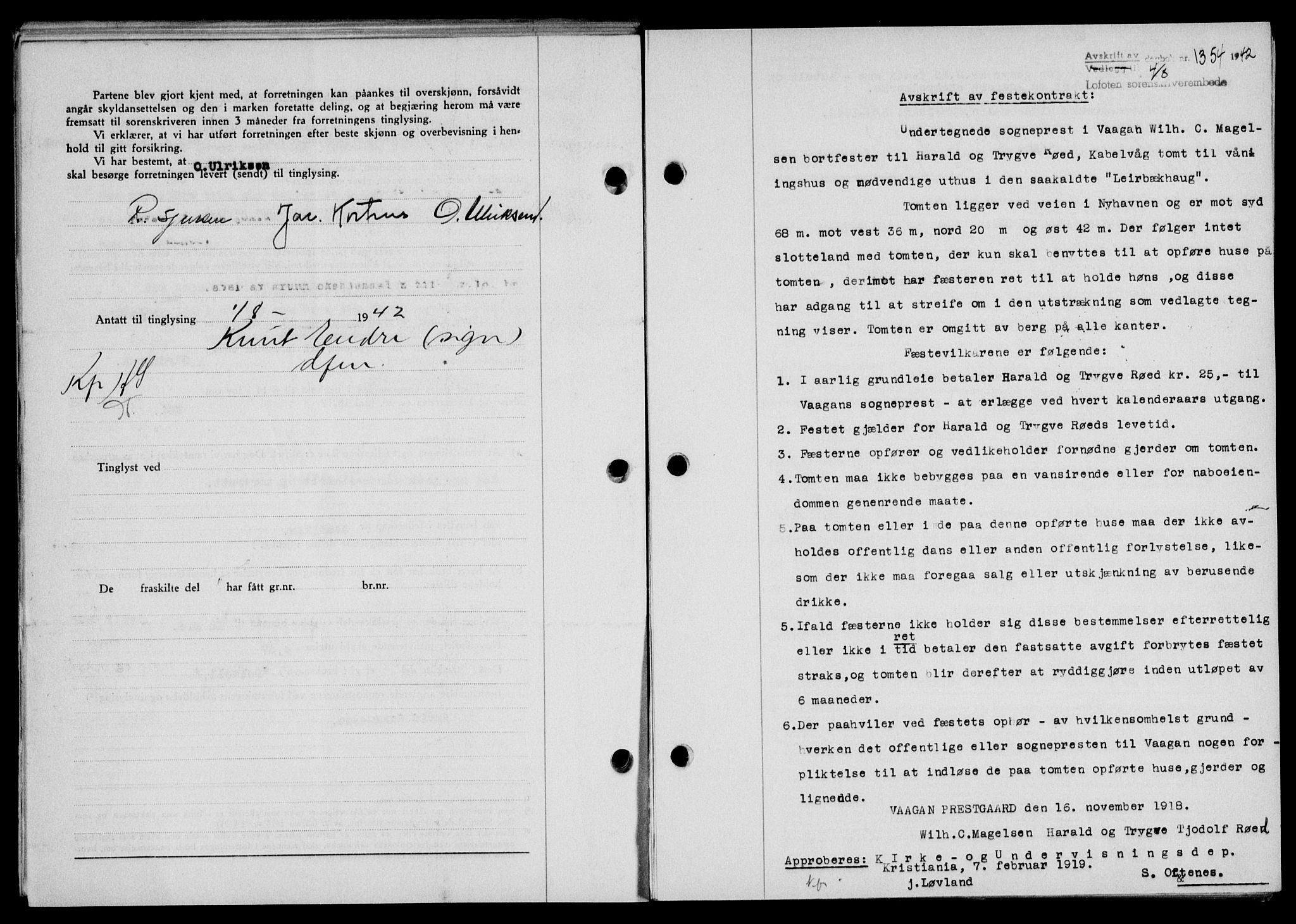 Lofoten sorenskriveri, SAT/A-0017/1/2/2C/L0010a: Mortgage book no. 10a, 1942-1943, Diary no: : 1354/1942