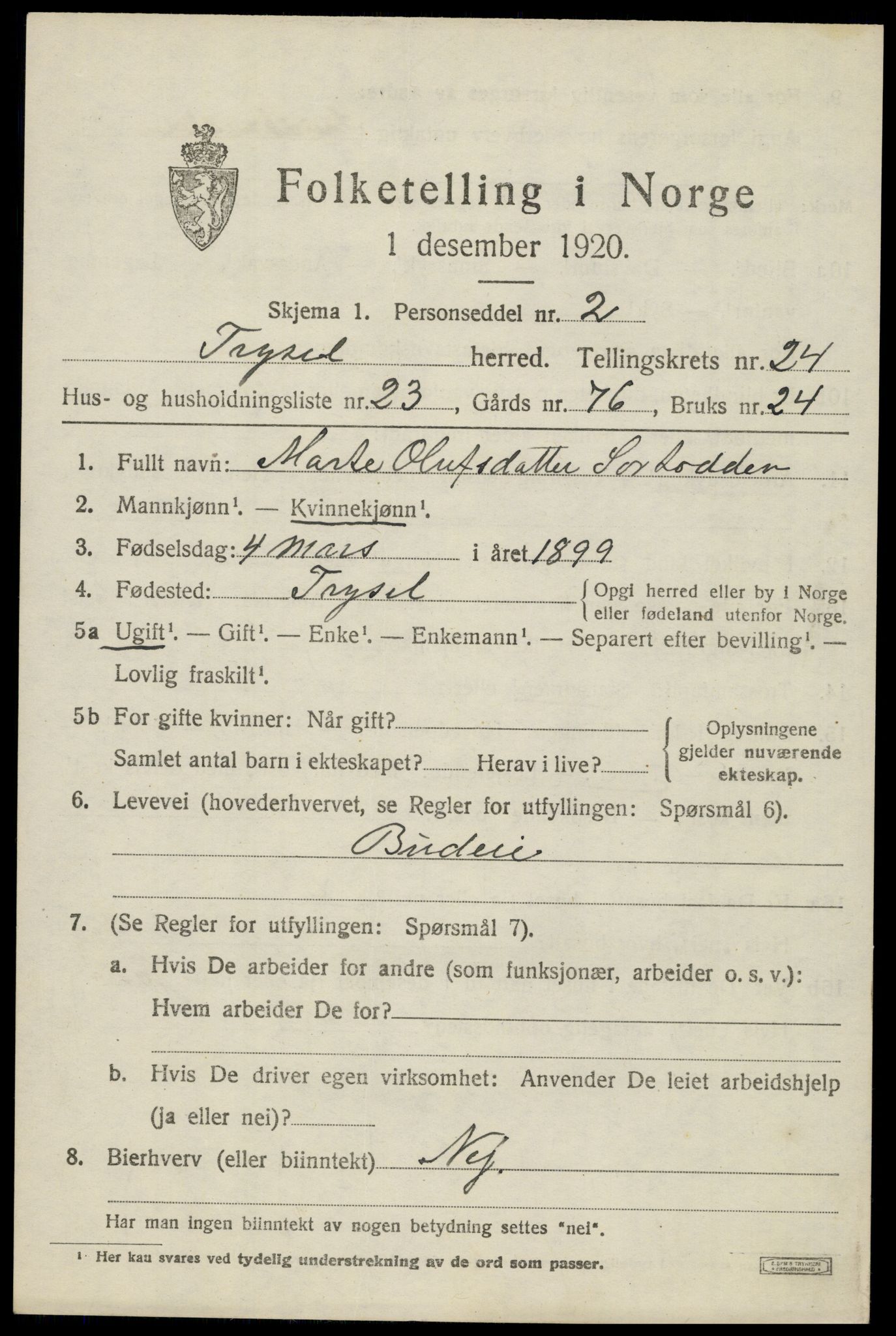 SAH, 1920 census for Trysil, 1920, p. 15499