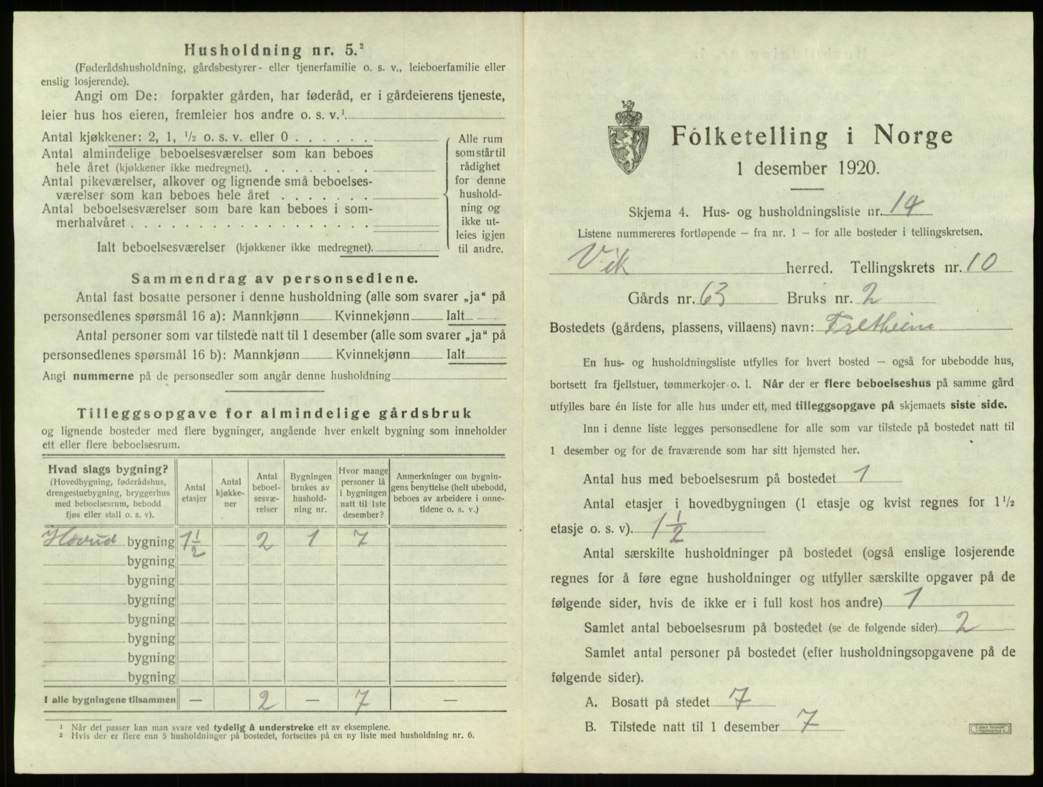 SAB, 1920 census for Vik, 1920, p. 1017