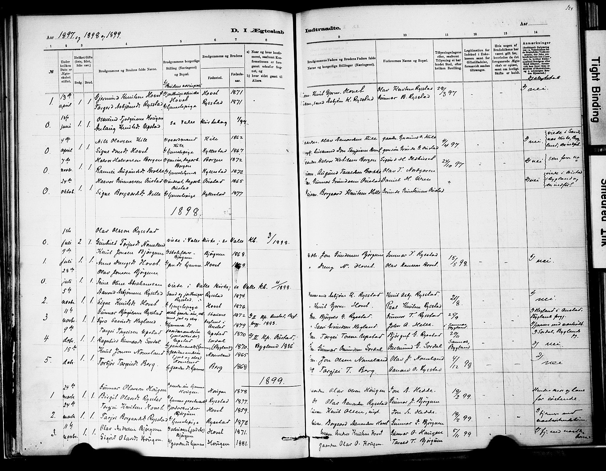 Valle sokneprestkontor, SAK/1111-0044/F/Fa/Fab/L0001: Parish register (official) no. A 1, 1882-1910, p. 124