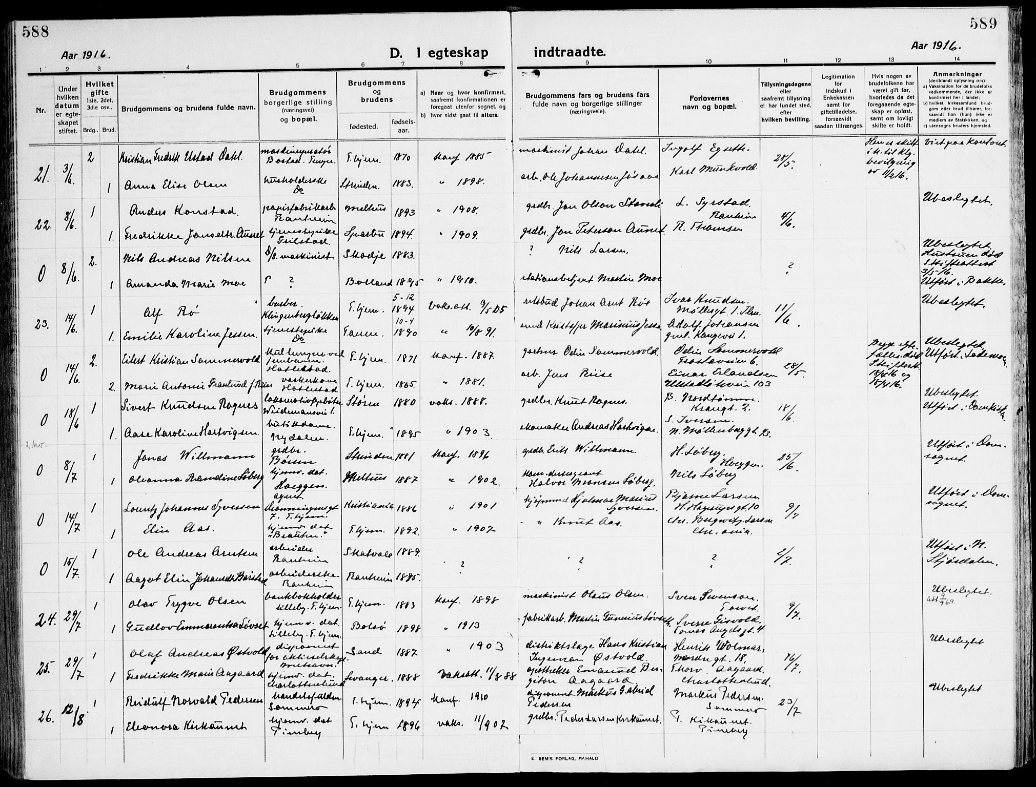 Ministerialprotokoller, klokkerbøker og fødselsregistre - Sør-Trøndelag, SAT/A-1456/607/L0321: Parish register (official) no. 607A05, 1916-1935, p. 588-589