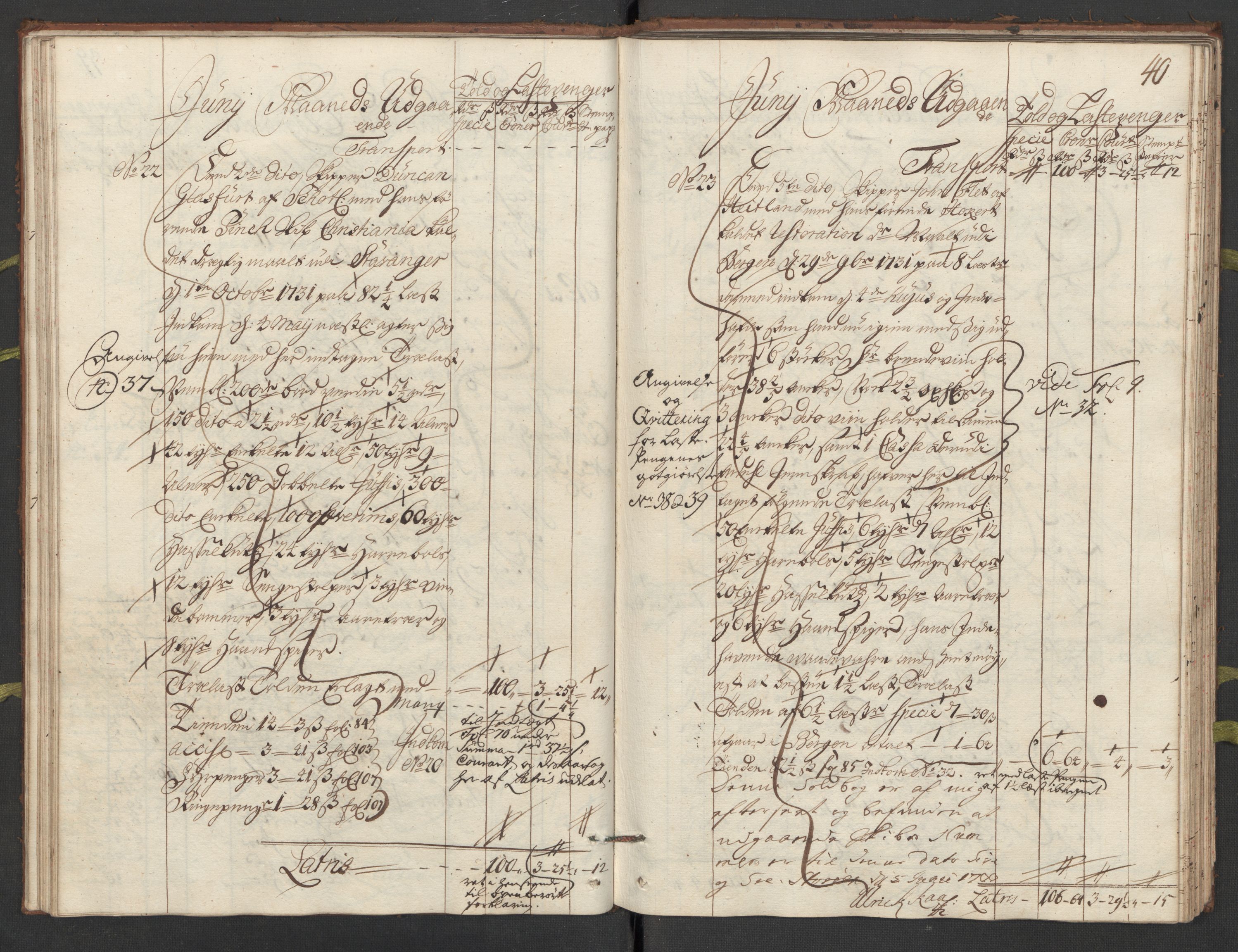 Generaltollkammeret, tollregnskaper, RA/EA-5490/R24/L0009/0001: Tollregnskaper Sunnhordland / Hovedtollbok, 1733, p. 39b-40a