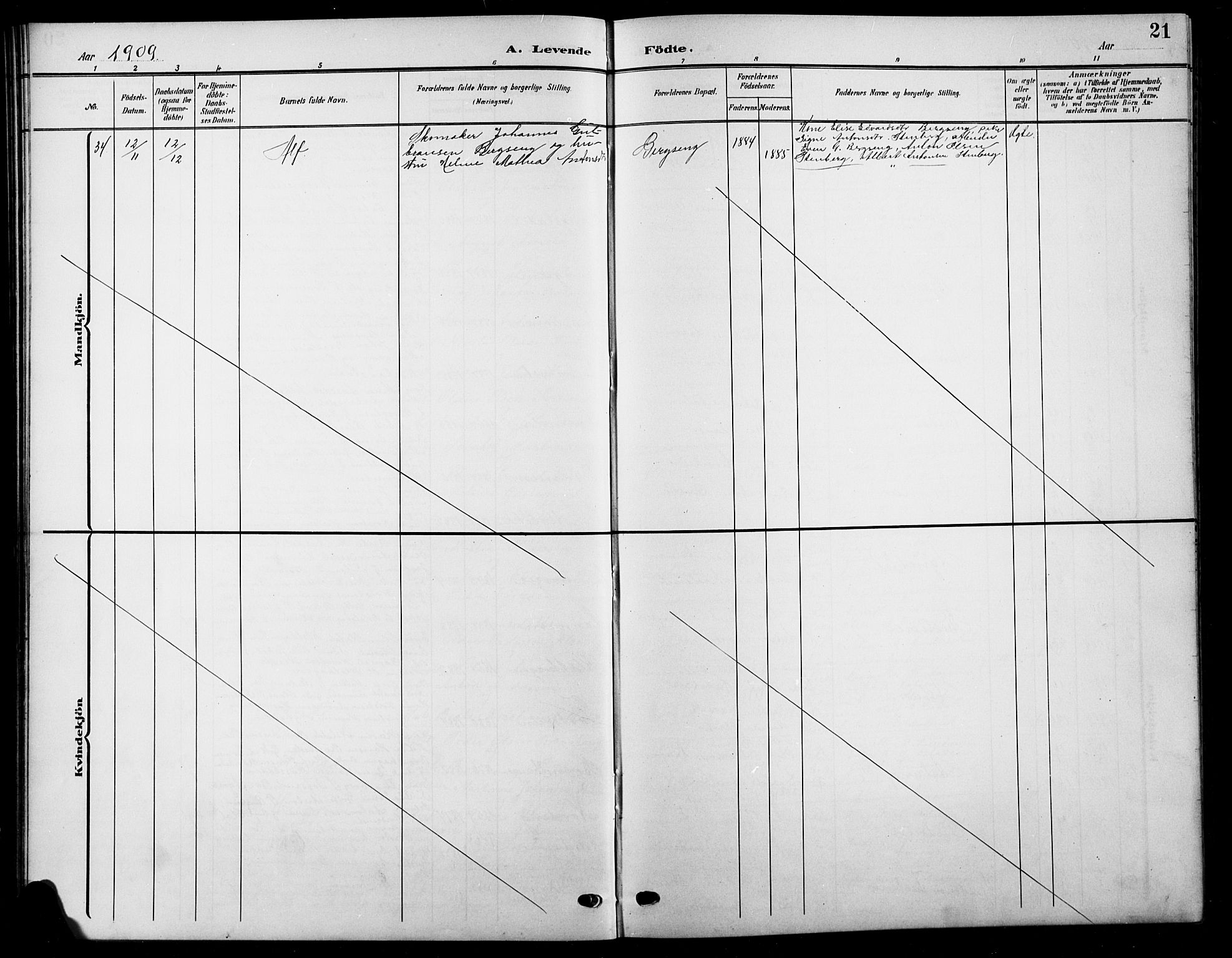 Biri prestekontor, SAH/PREST-096/H/Ha/Hab/L0005: Parish register (copy) no. 5, 1906-1919, p. 21