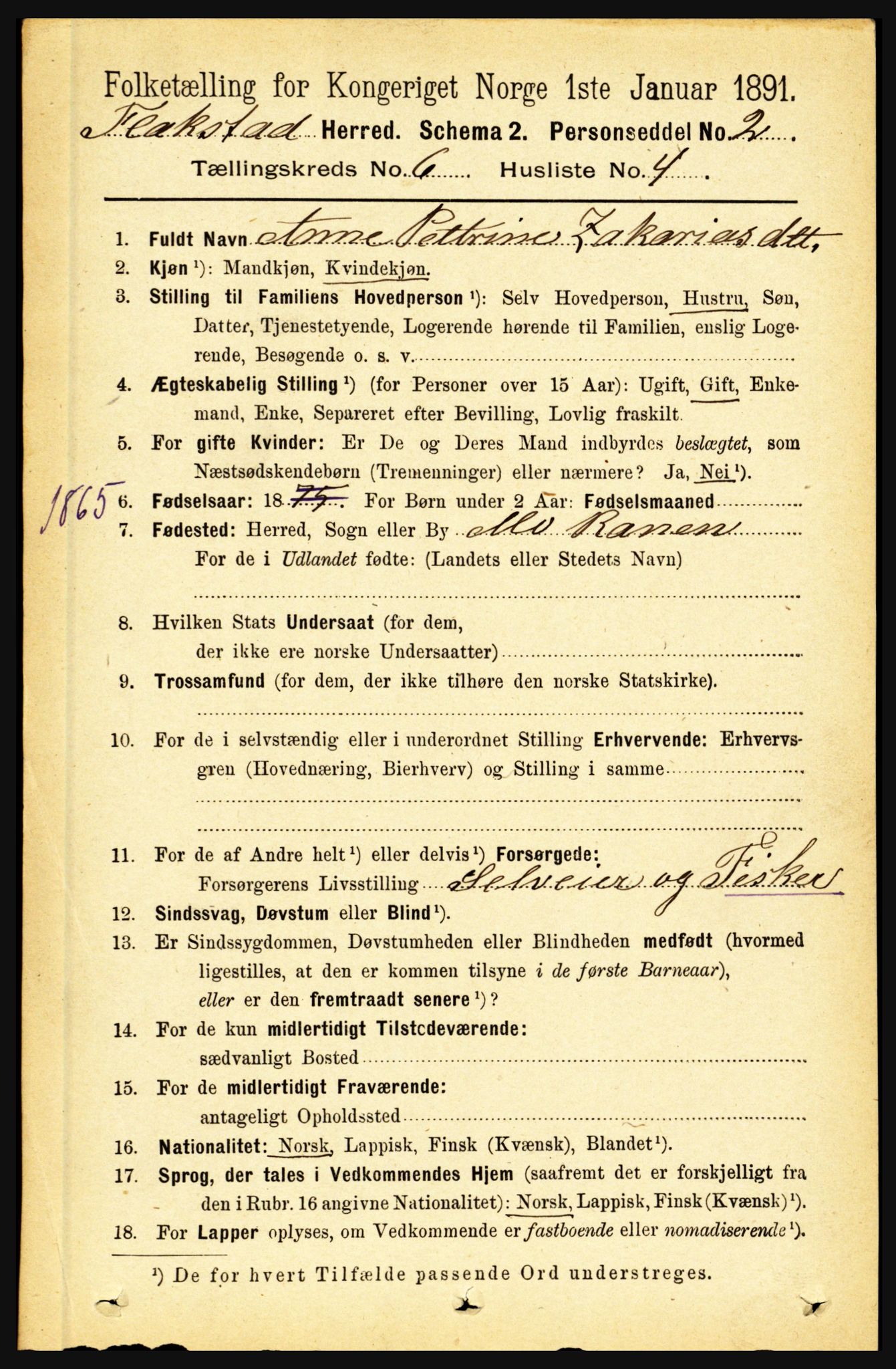 RA, 1891 census for 1859 Flakstad, 1891, p. 2963