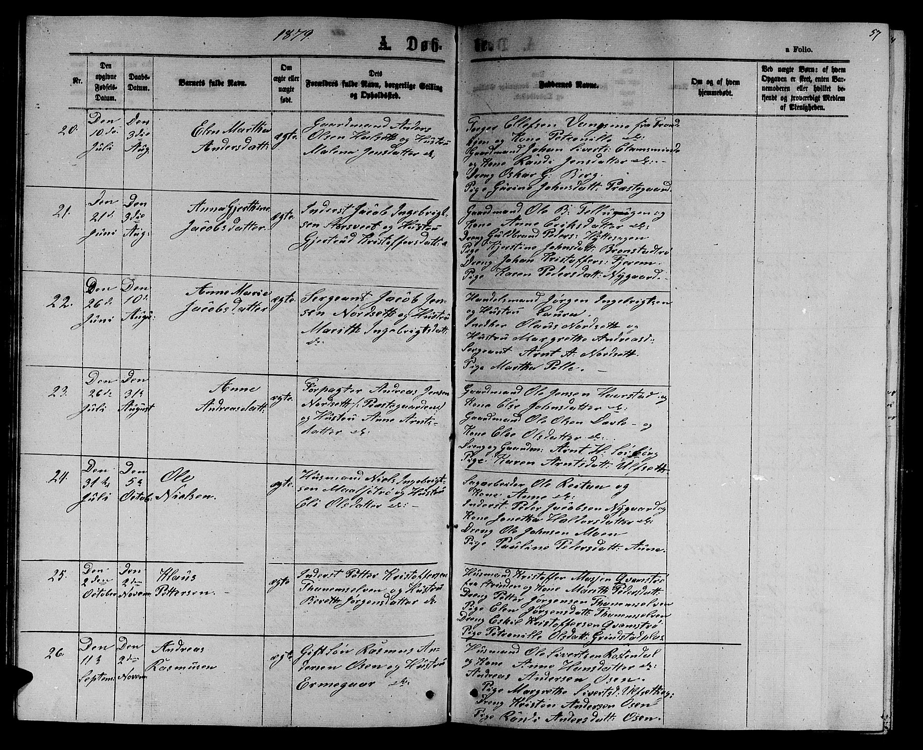 Ministerialprotokoller, klokkerbøker og fødselsregistre - Sør-Trøndelag, SAT/A-1456/618/L0451: Parish register (copy) no. 618C02, 1865-1883, p. 57