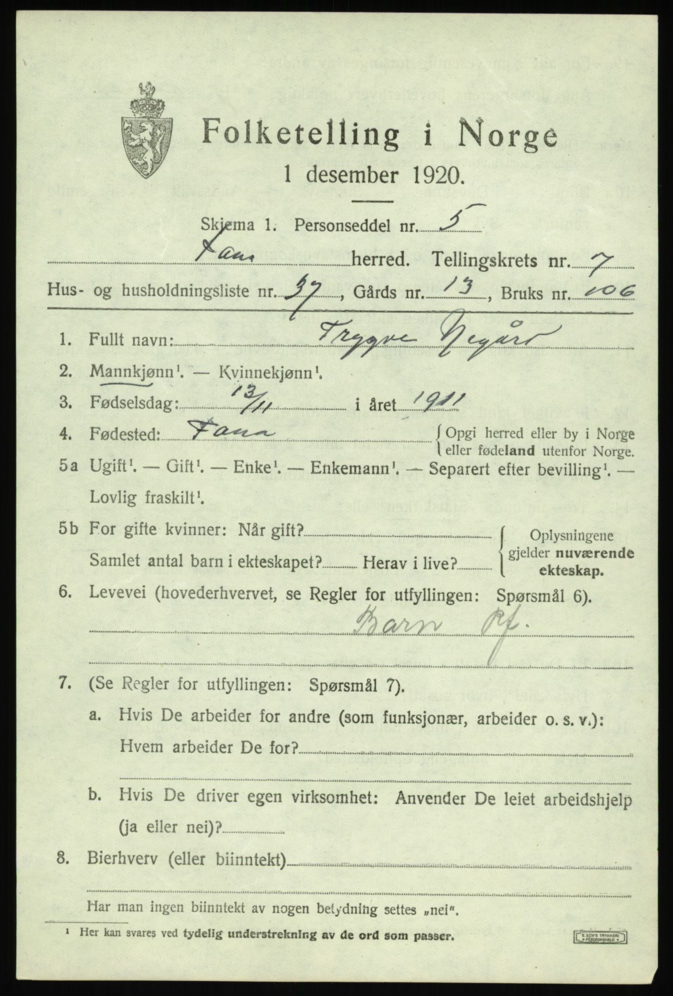 SAB, 1920 census for Fana, 1920, p. 13149