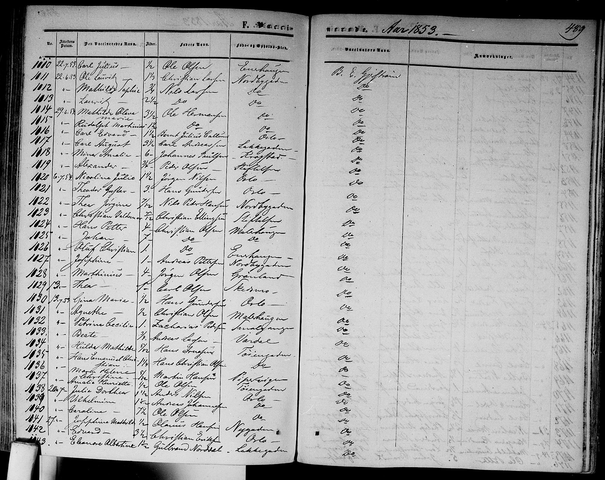 Gamlebyen prestekontor Kirkebøker, AV/SAO-A-10884/F/Fa/L0004: Parish register (official) no. 4, 1850-1857, p. 489