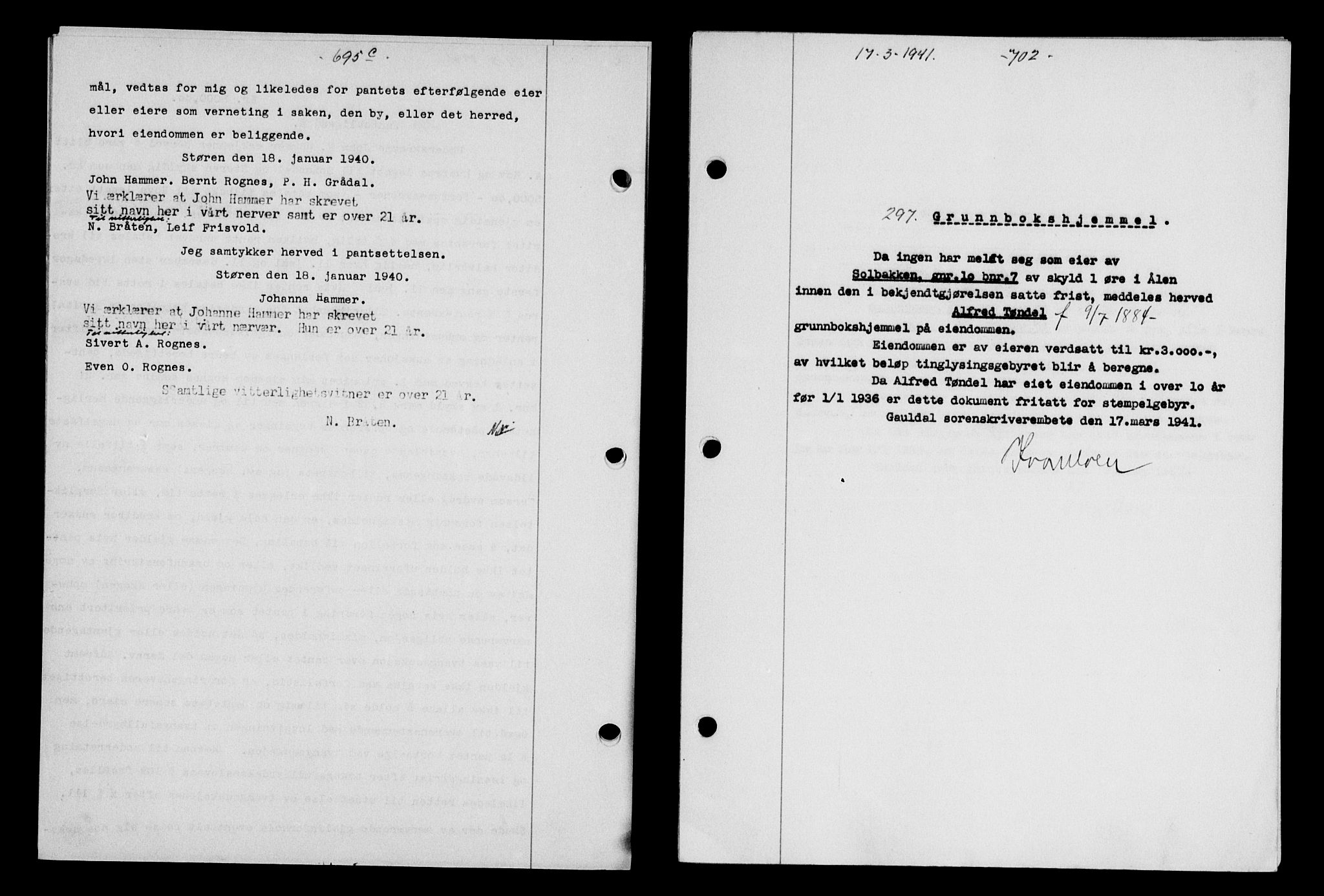 Gauldal sorenskriveri, SAT/A-0014/1/2/2C/L0052: Mortgage book no. 57, 1940-1941, Diary no: : 297/1941