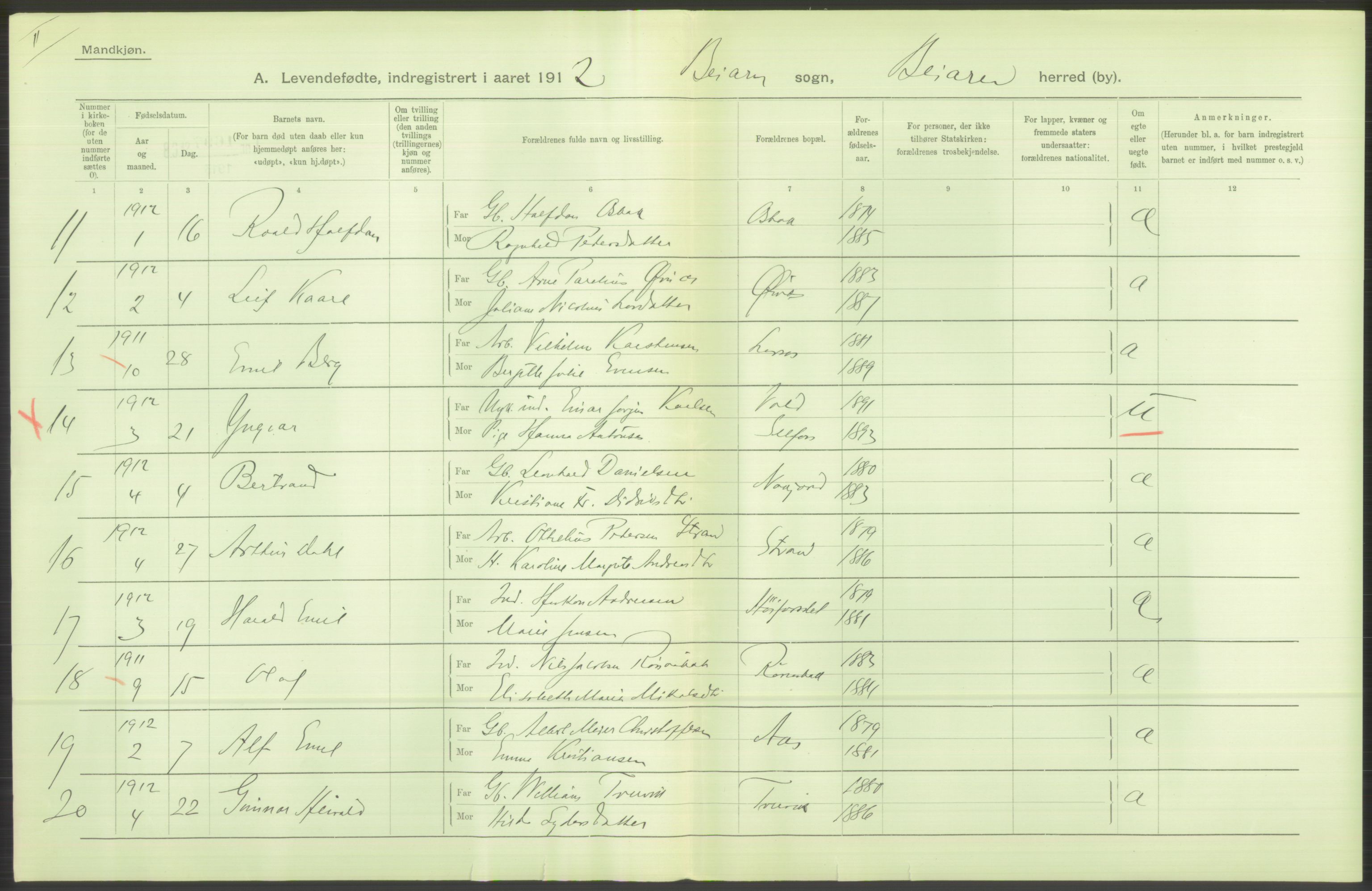 Statistisk sentralbyrå, Sosiodemografiske emner, Befolkning, AV/RA-S-2228/D/Df/Dfb/Dfbb/L0046: Nordlands amt: Levendefødte menn og kvinner. Bygder., 1912, p. 12