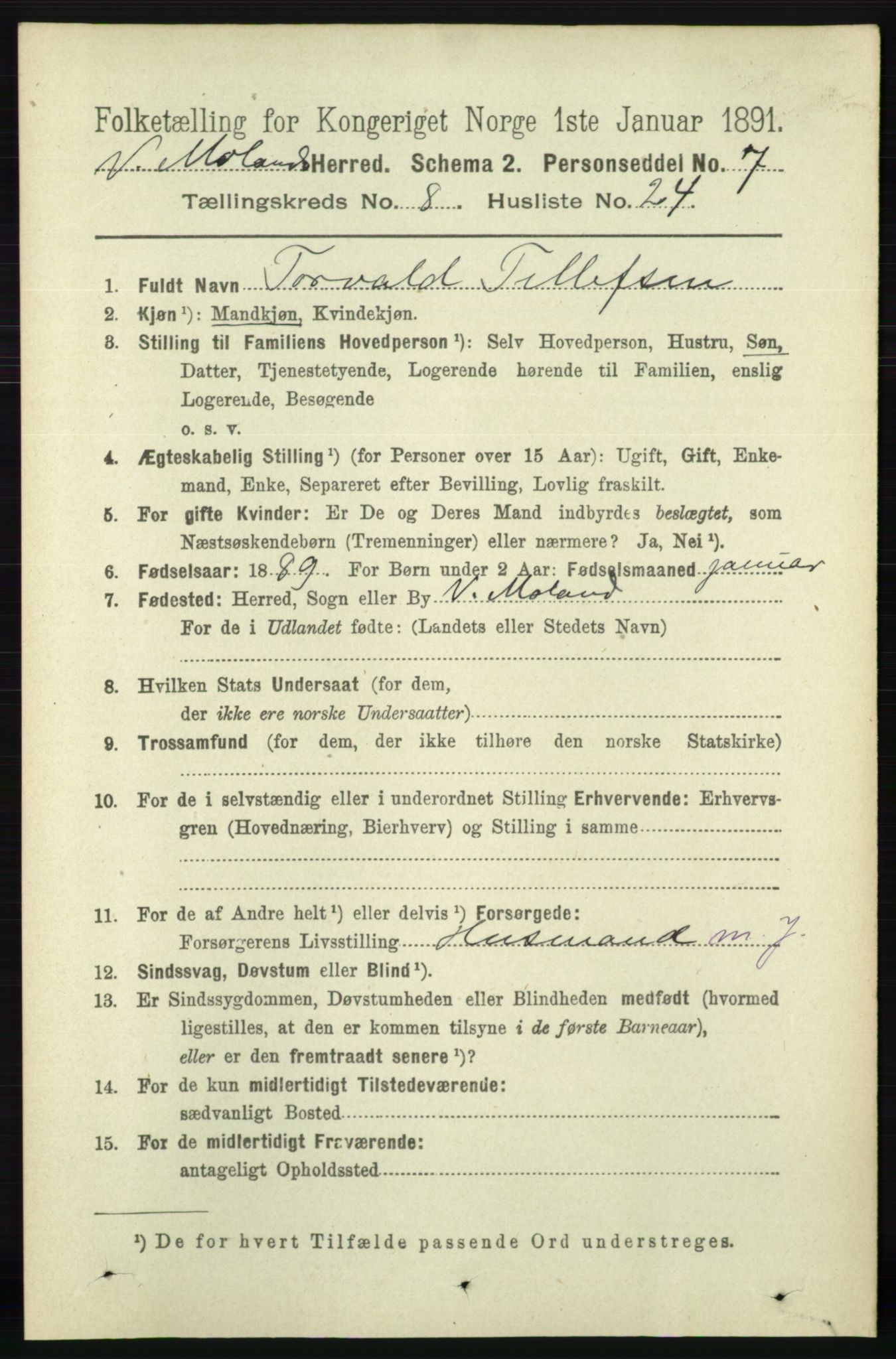 RA, 1891 census for 0926 Vestre Moland, 1891, p. 3159