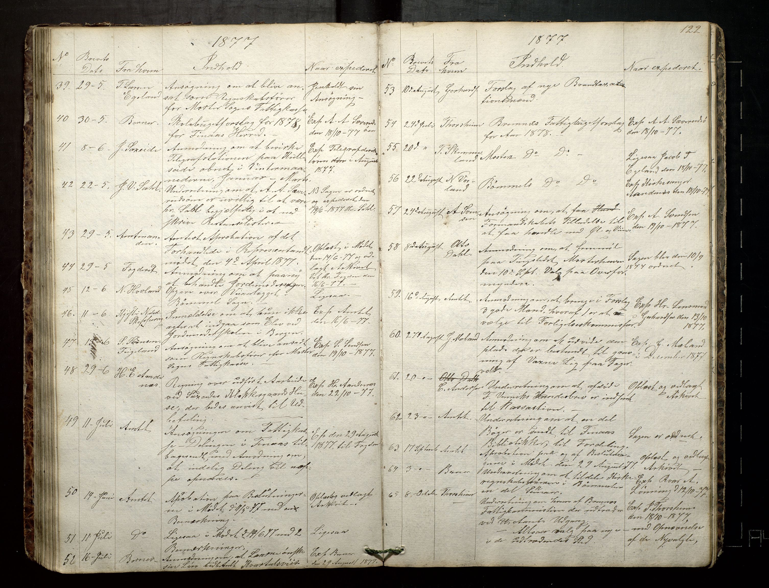 Finnaas kommune. Formannskapet, IKAH/1218a-021/C/Ca/L0001: Postjournal for formannskapet, 1838-1892, p. 123