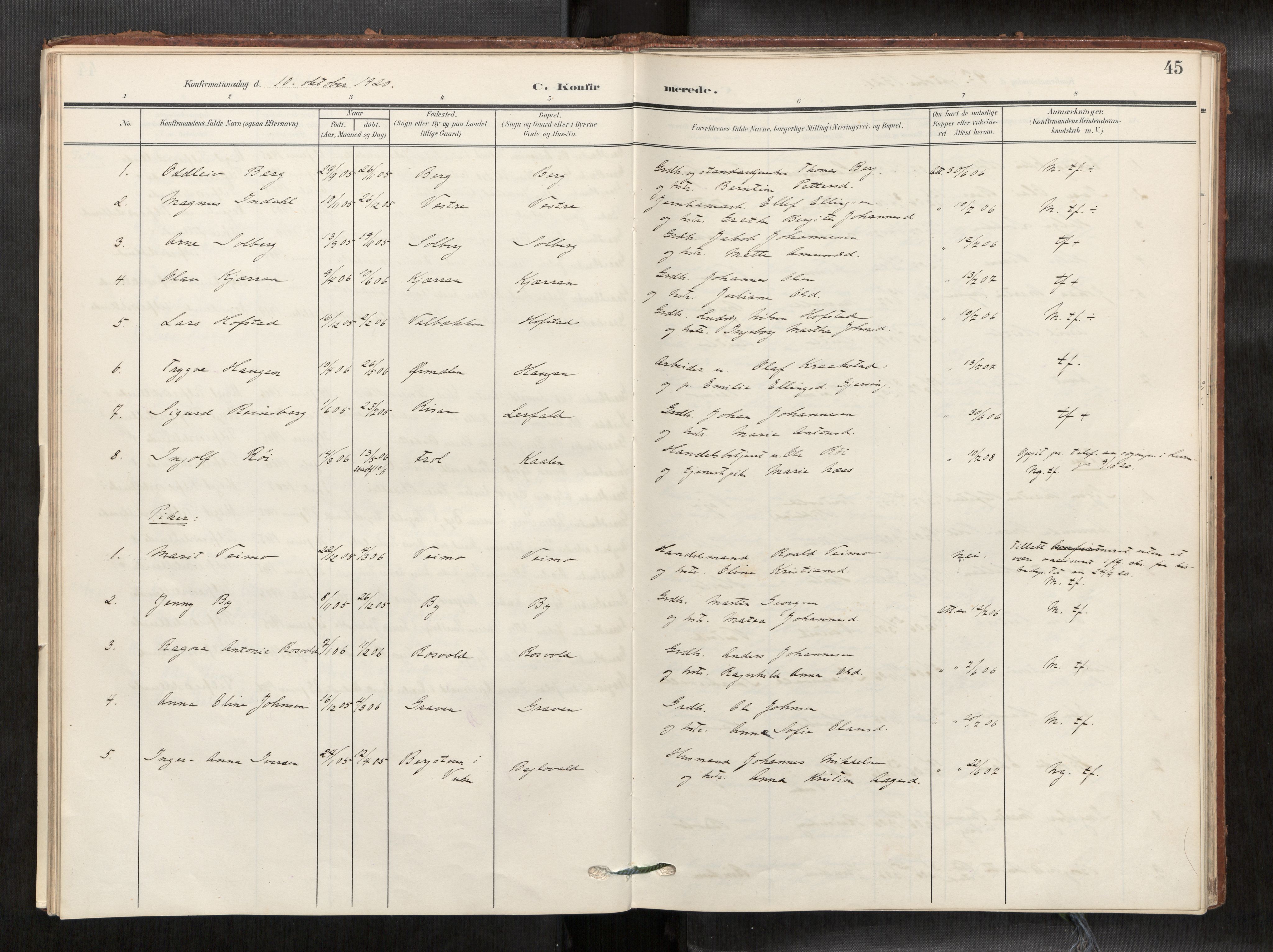 Verdal sokneprestkontor, SAT/A-1156/2/H/Haa/L0003: Parish register (official) no. 3, 1907-1921, p. 45