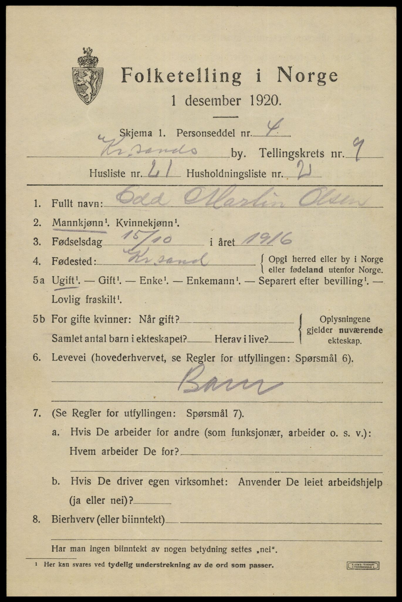 SAK, 1920 census for Kristiansand, 1920, p. 22889