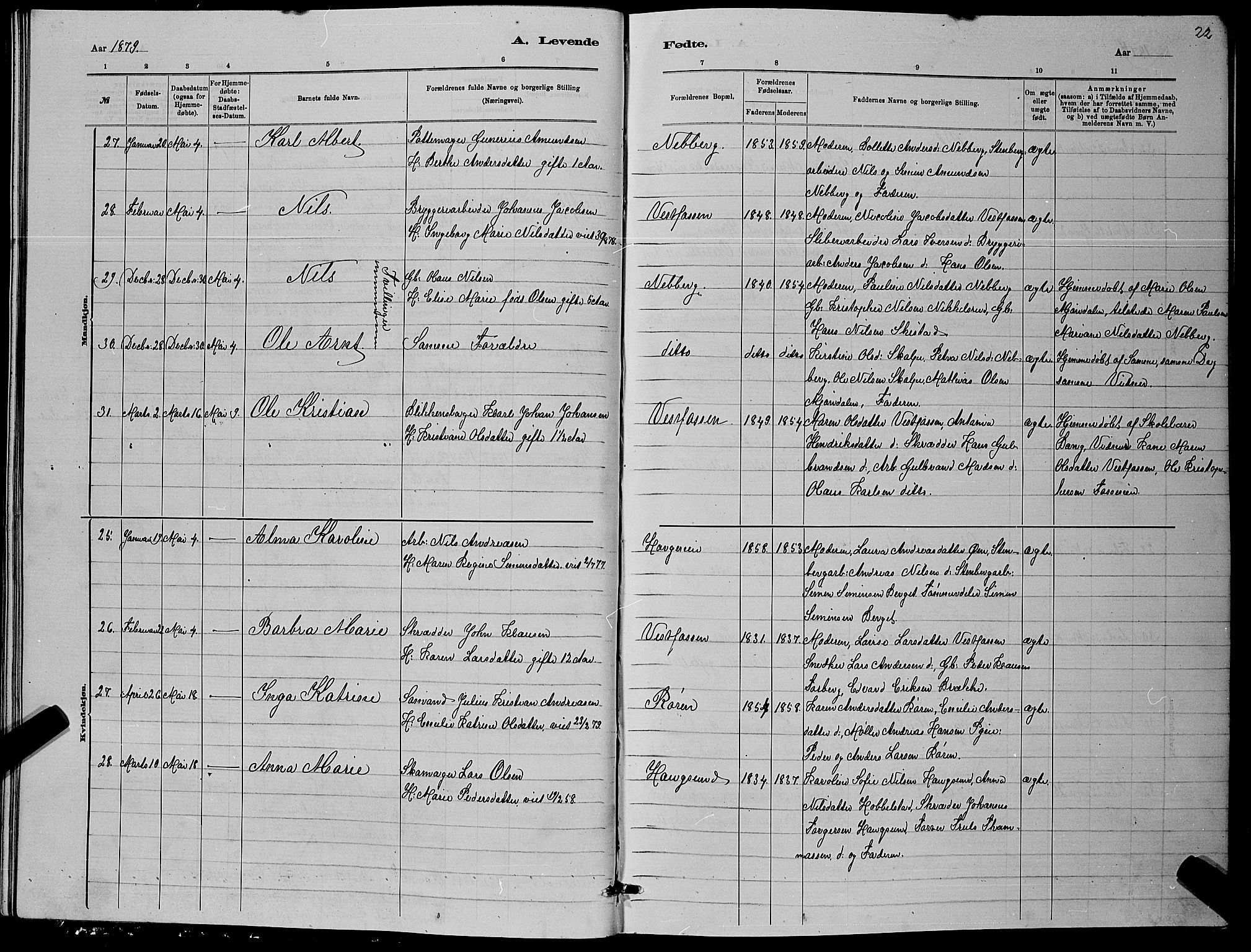 Eiker kirkebøker, SAKO/A-4/G/Ga/L0005: Parish register (copy) no. I 5, 1878-1887, p. 22