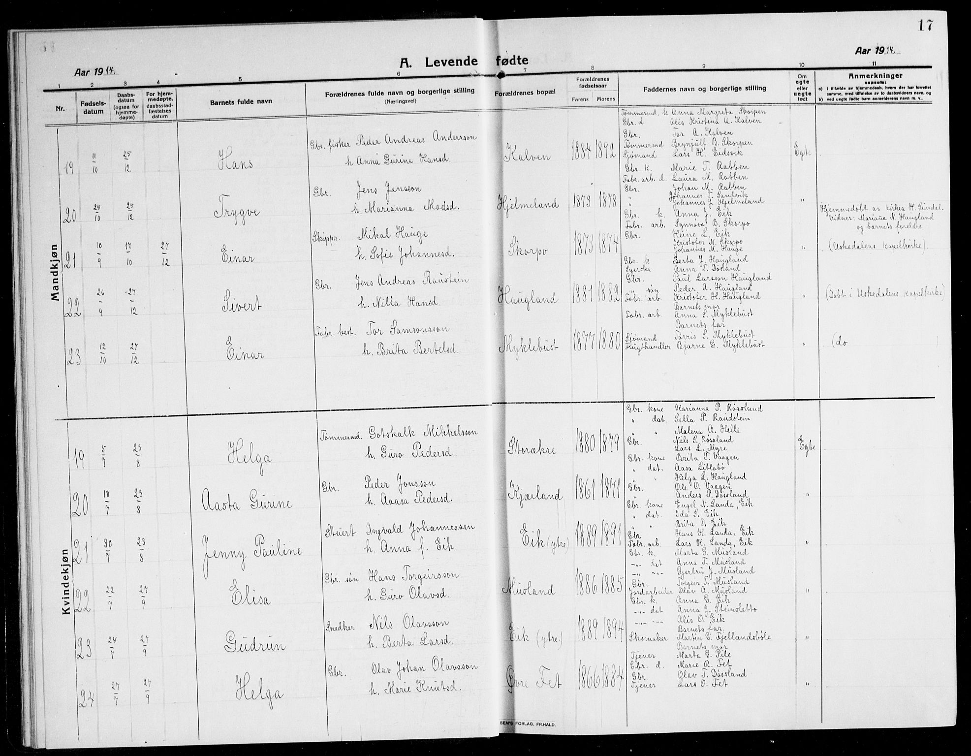 Kvinnherad sokneprestembete, SAB/A-76401/H/Hab: Parish register (copy) no. A 3, 1911-1945, p. 17
