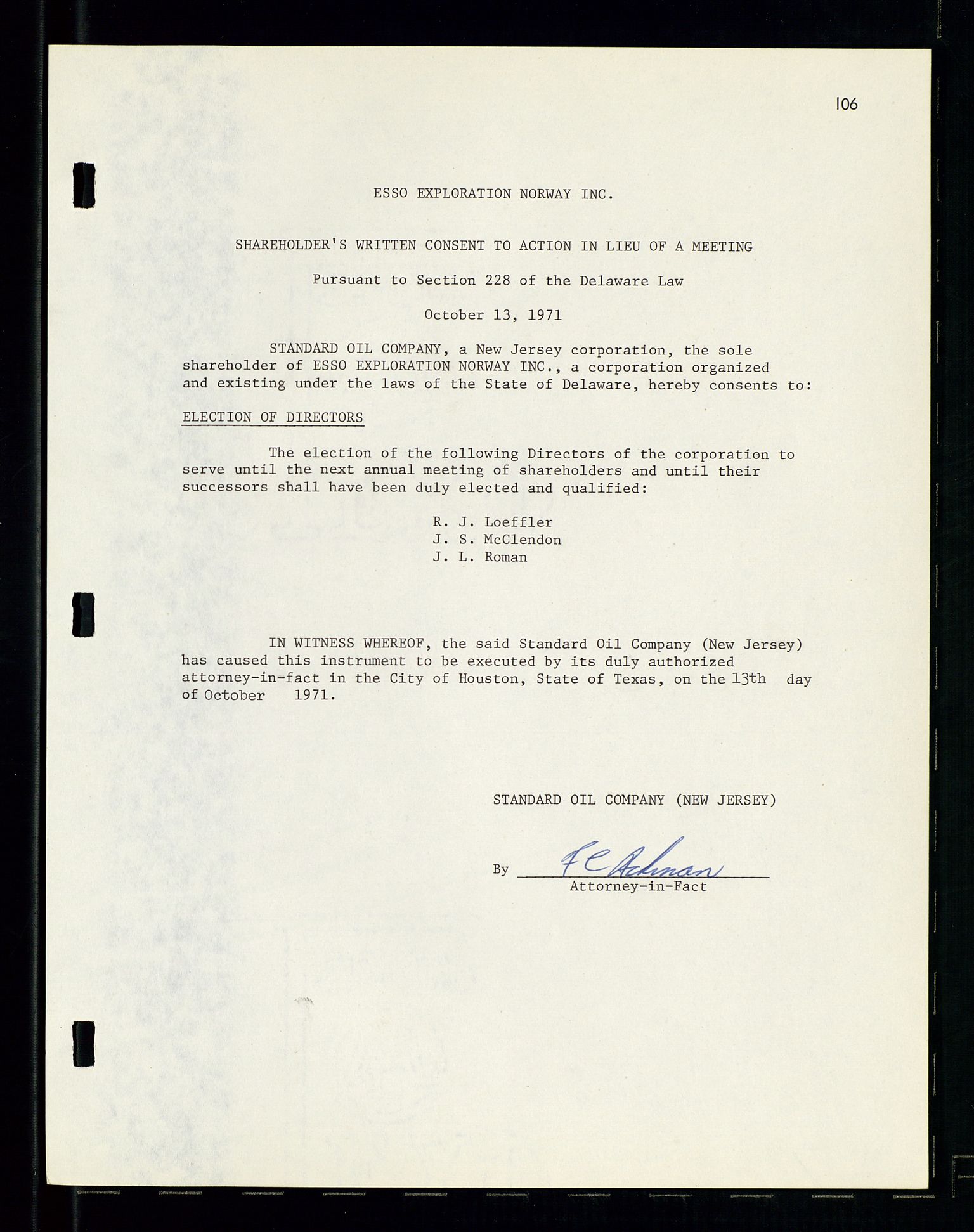 Pa 1512 - Esso Exploration and Production Norway Inc., AV/SAST-A-101917/A/Aa/L0001/0001: Styredokumenter / Corporate records, By-Laws, Board meeting minutes, Incorporations, 1965-1975, p. 106