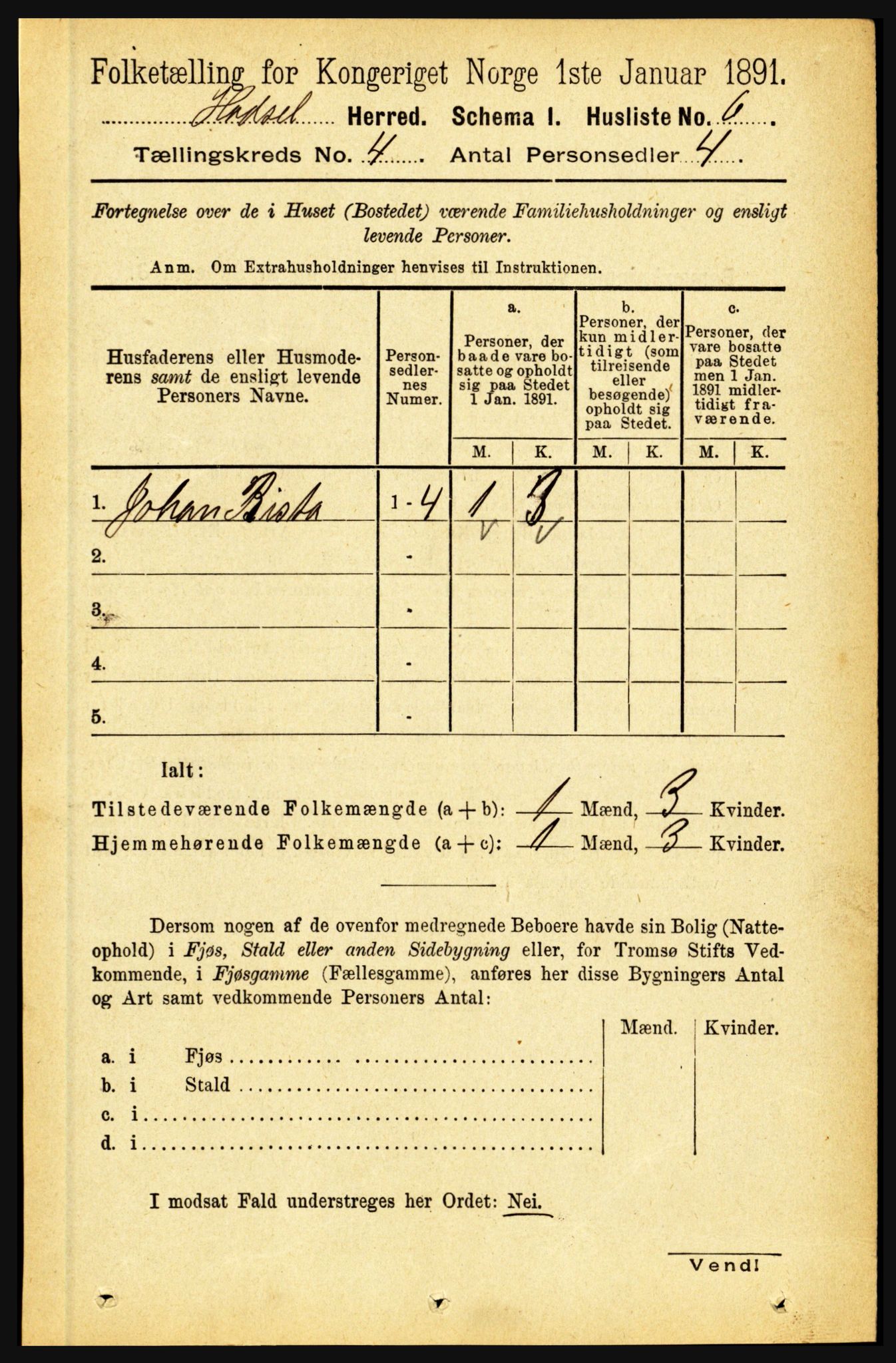 RA, 1891 census for 1866 Hadsel, 1891, p. 1660