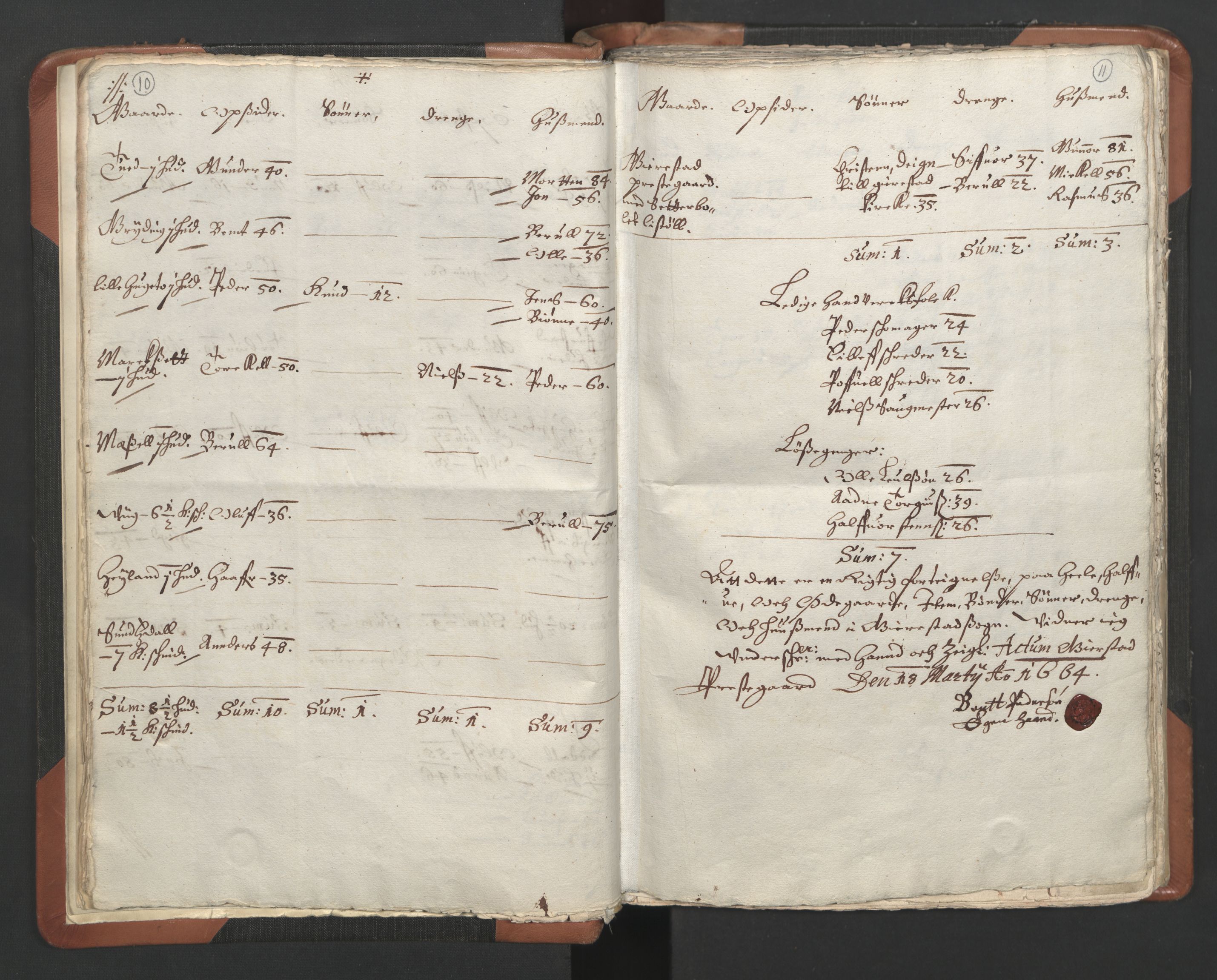 RA, Vicar's Census 1664-1666, no. 13: Nedenes deanery, 1664-1666, p. 10-11