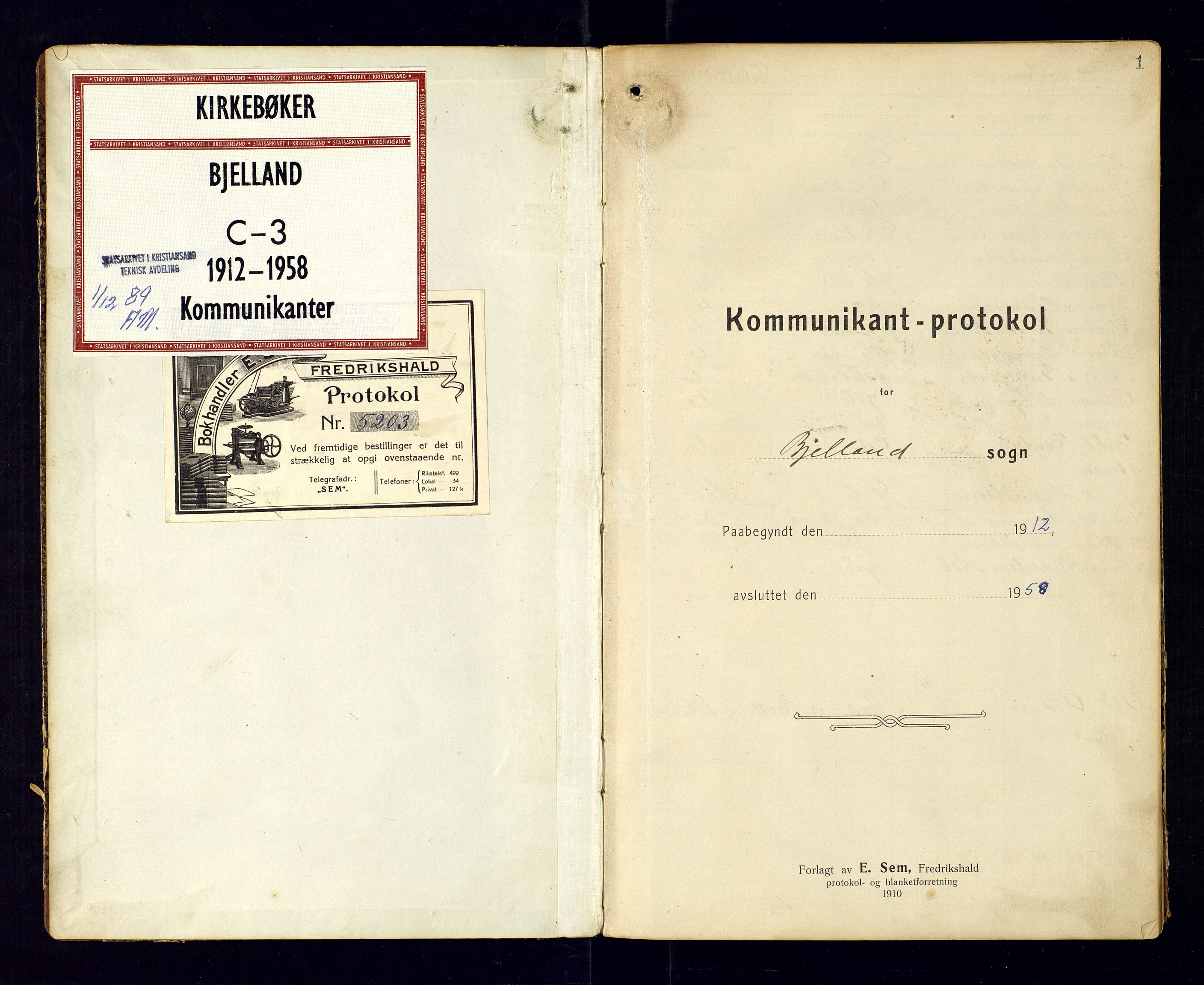 Bjelland sokneprestkontor, SAK/1111-0005/F/Fc/Fca/L0002: Communicants register no. C-3, 1912-1958, p. 1