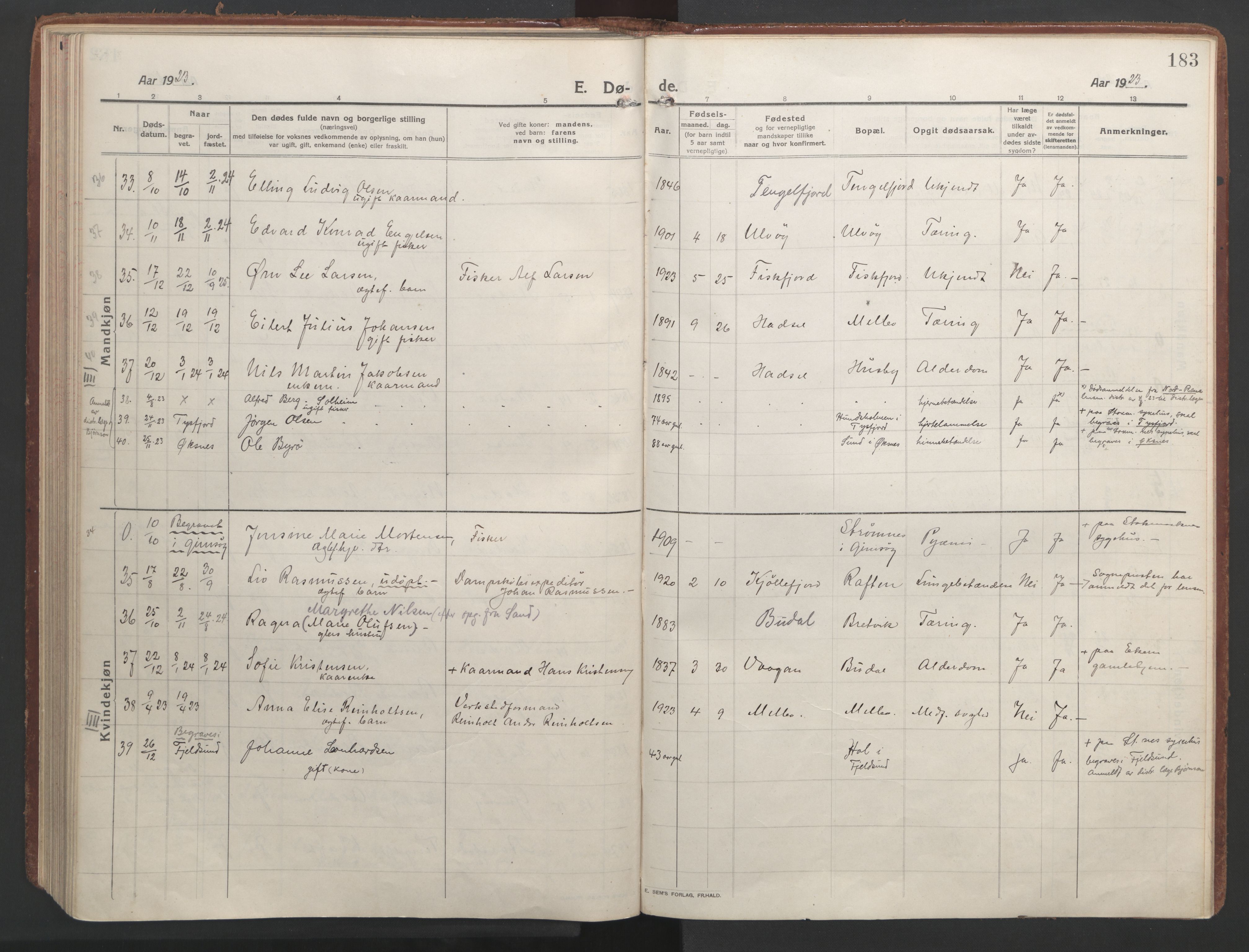 Ministerialprotokoller, klokkerbøker og fødselsregistre - Nordland, AV/SAT-A-1459/888/L1251: Parish register (official) no. 888A17, 1913-1925, p. 183