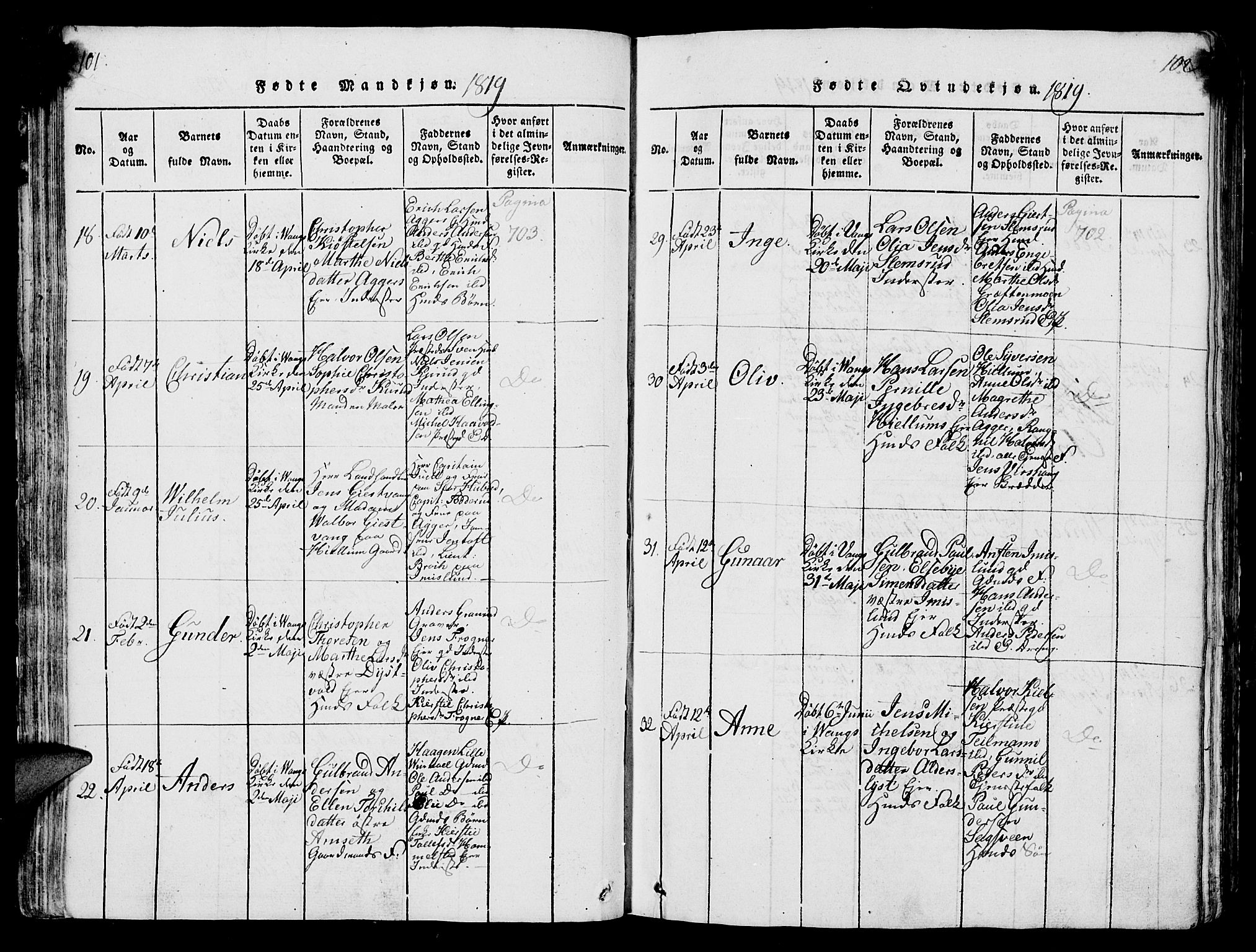 Vang prestekontor, Hedmark, SAH/PREST-008/H/Ha/Hab/L0004: Parish register (copy) no. 4, 1813-1827, p. 101-102