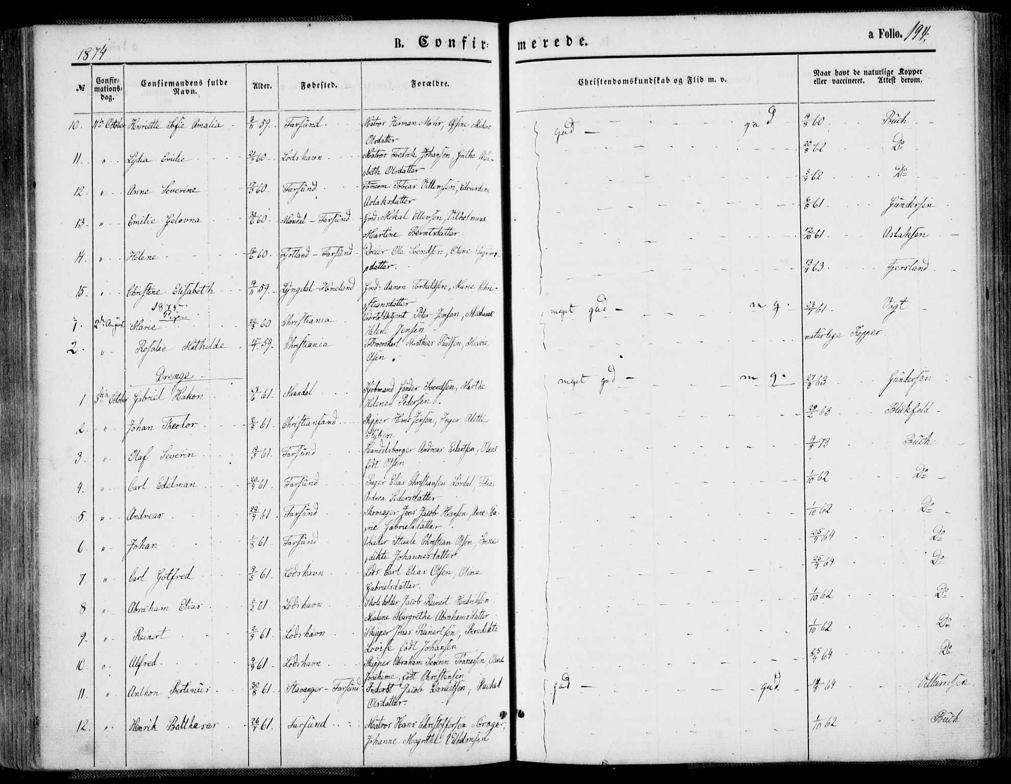 Farsund sokneprestkontor, SAK/1111-0009/F/Fa/L0005: Parish register (official) no. A 5, 1863-1886, p. 194