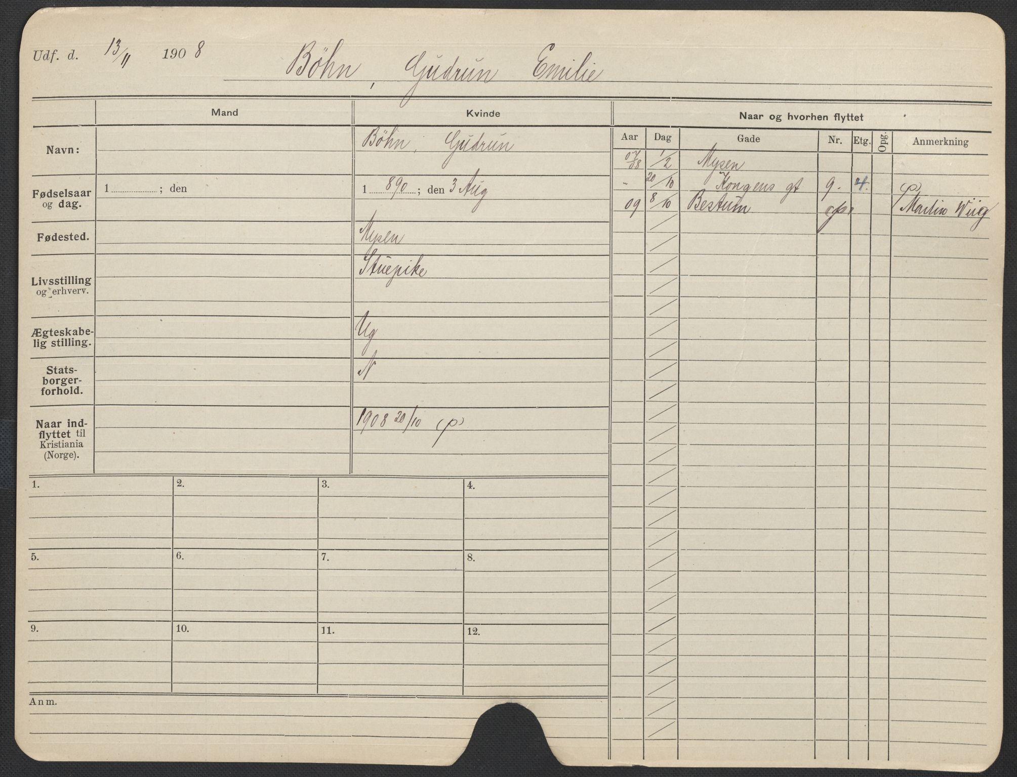 Oslo folkeregister, Registerkort, AV/SAO-A-11715/F/Fa/Fac/L0013: Kvinner, 1906-1914, p. 1025a