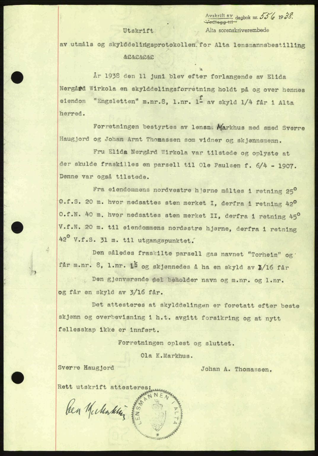 Alta fogderi/sorenskriveri, SATØ/SATØ-5/1/K/Kd/L0031pantebok: Mortgage book no. 31, 1938-1939, Diary no: : 556/1938