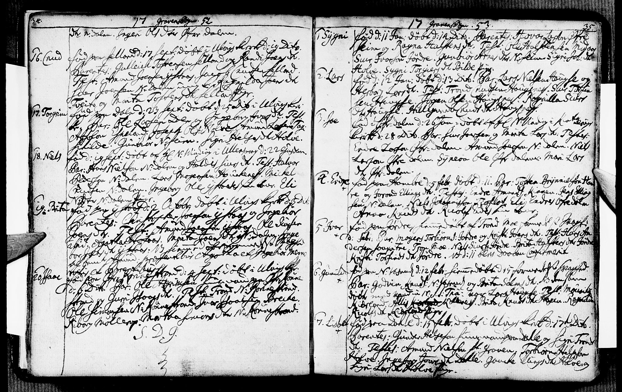 Ulvik sokneprestembete, SAB/A-78801/H/Haa: Parish register (official) no. A 6, 1743-1761, p. 34-35