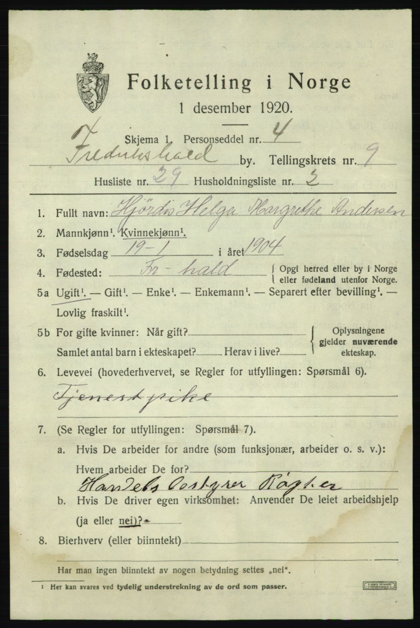 SAO, 1920 census for Fredrikshald, 1920, p. 16485