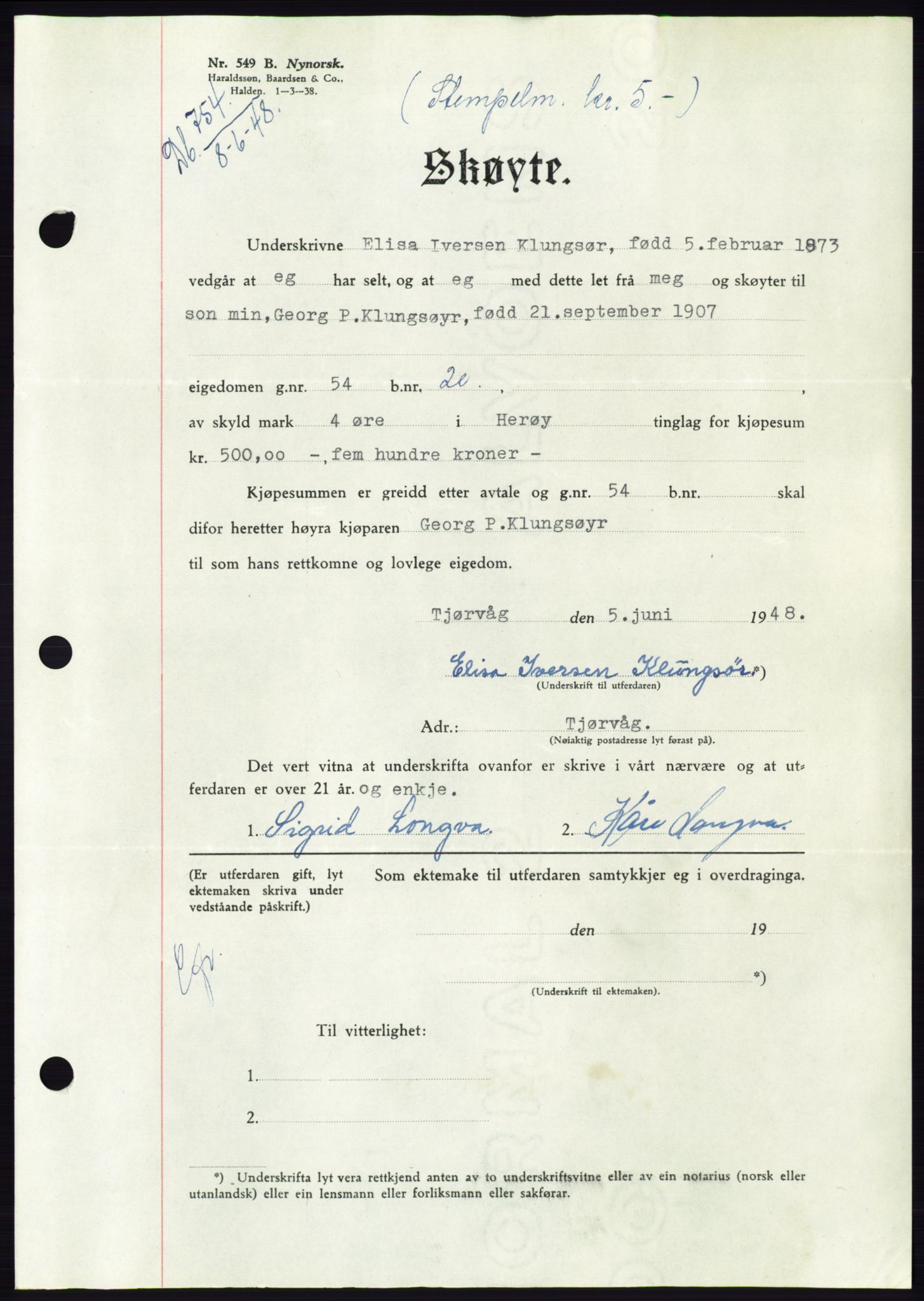 Søre Sunnmøre sorenskriveri, AV/SAT-A-4122/1/2/2C/L0082: Mortgage book no. 8A, 1948-1948, Diary no: : 754/1948