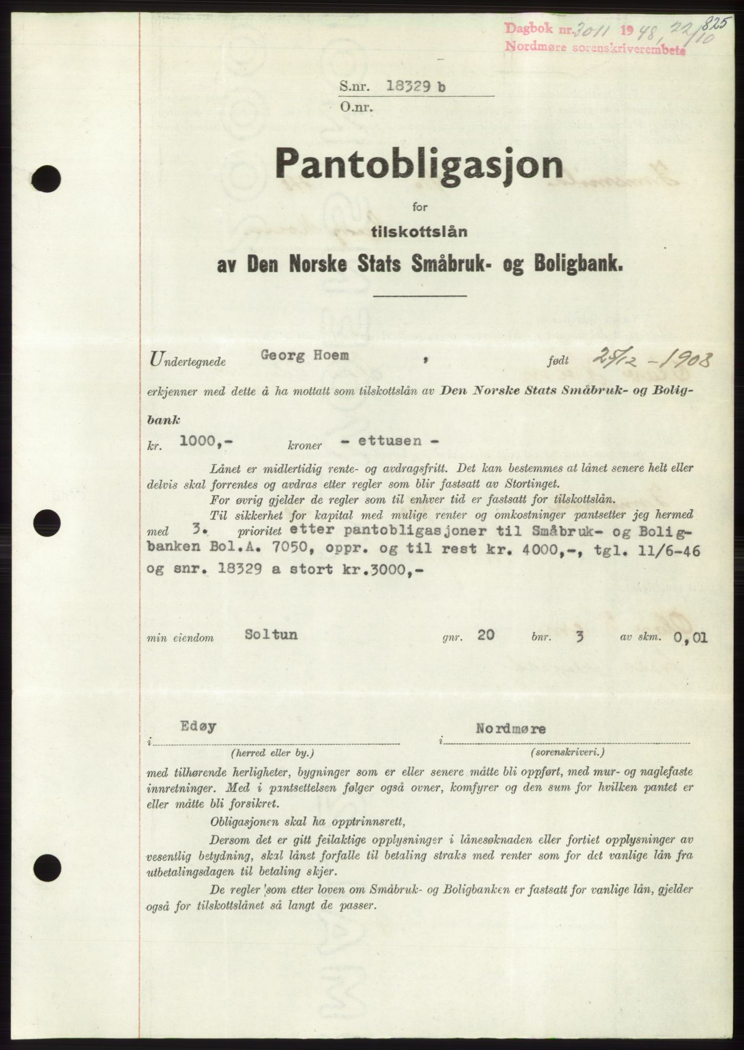 Nordmøre sorenskriveri, AV/SAT-A-4132/1/2/2Ca: Mortgage book no. B99, 1948-1948, Diary no: : 3011/1948