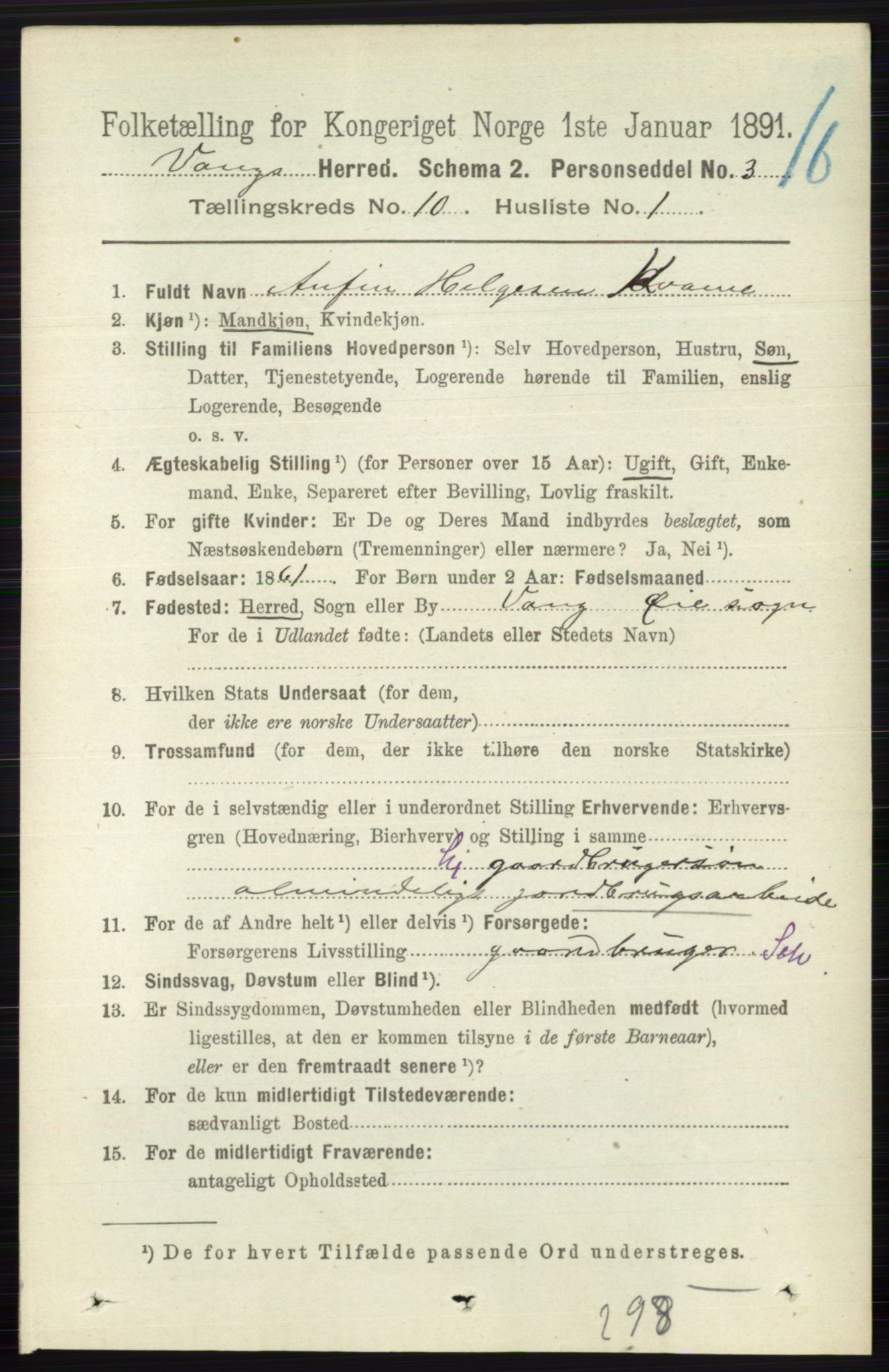 RA, 1891 census for 0545 Vang, 1891, p. 2179