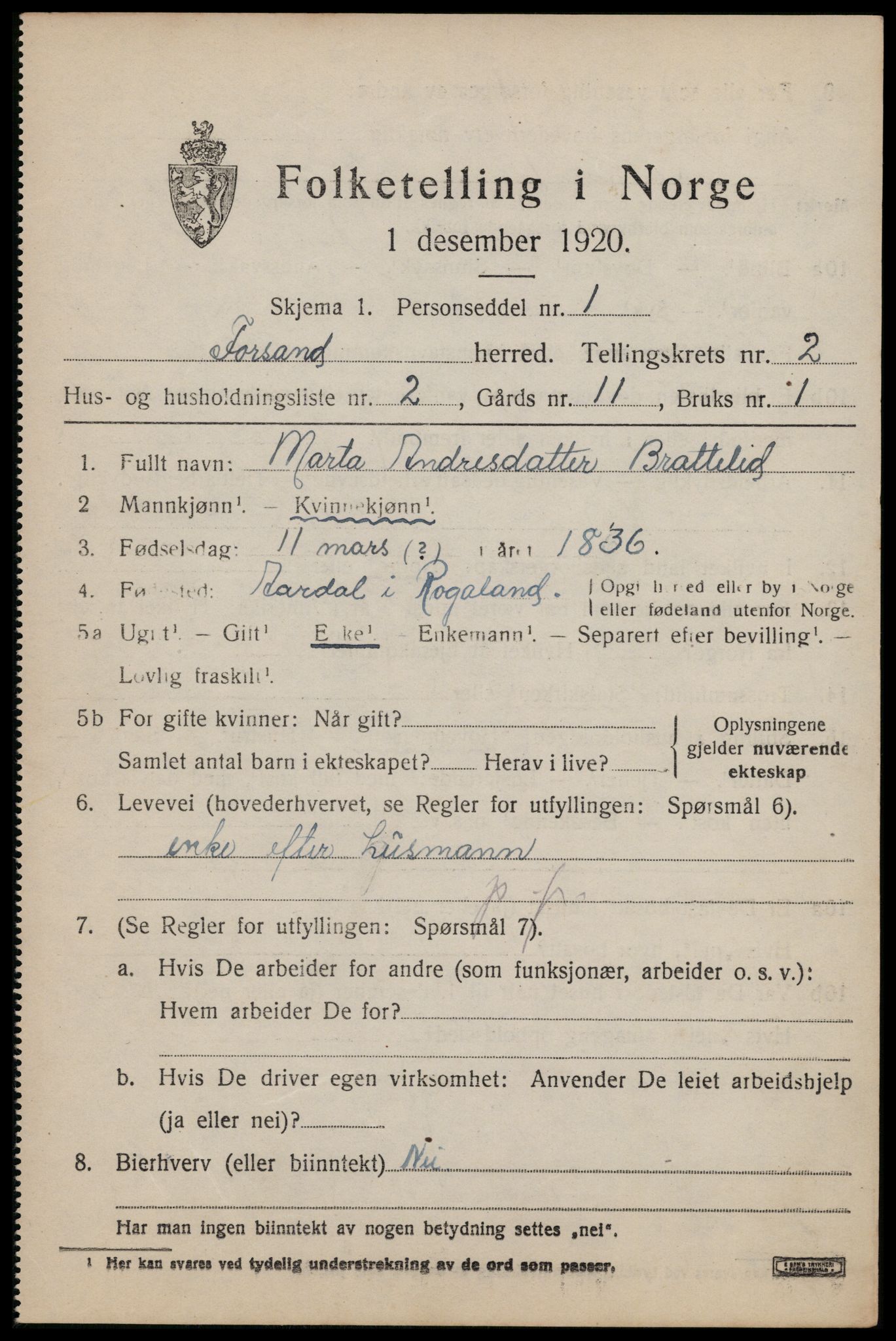 SAST, 1920 census for Forsand, 1920, p. 1223