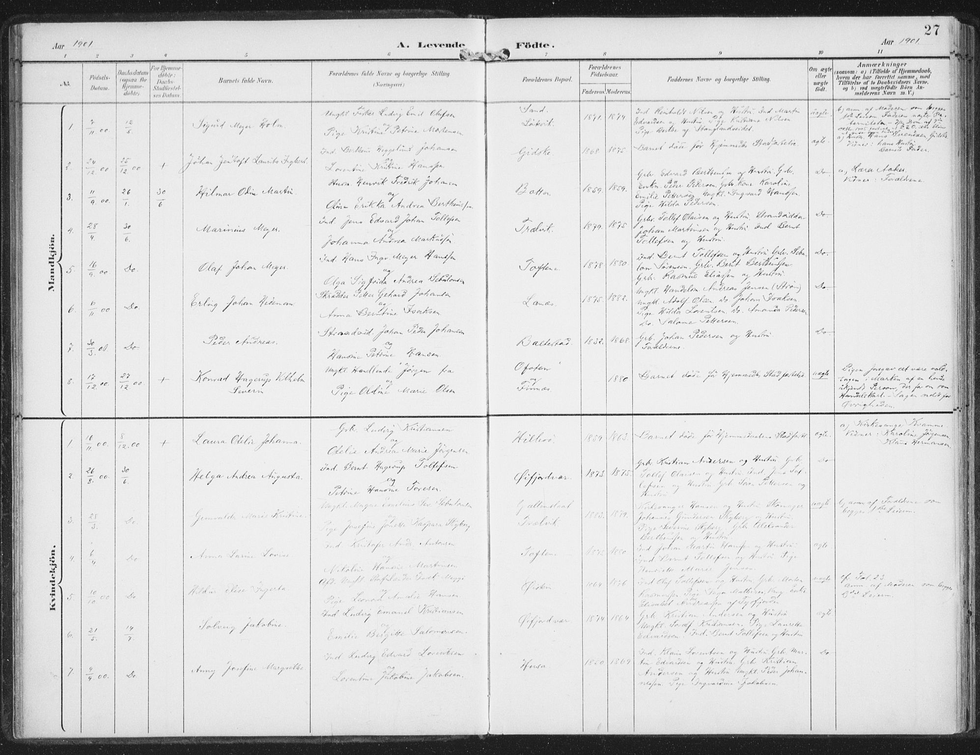 Lenvik sokneprestembete, SATØ/S-1310/H/Ha/Haa/L0015kirke: Parish register (official) no. 15, 1896-1915, p. 27